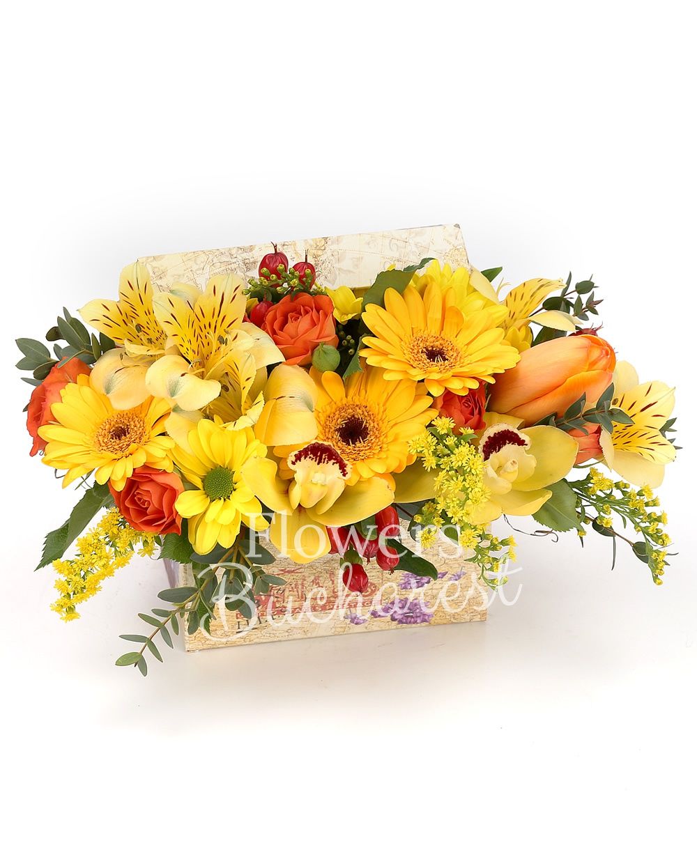 3 yellow gerbera, 1 orange minirose, red hypericum, yellow alstroemeria, yellow solidago, yellow chrysanthemum, greenery