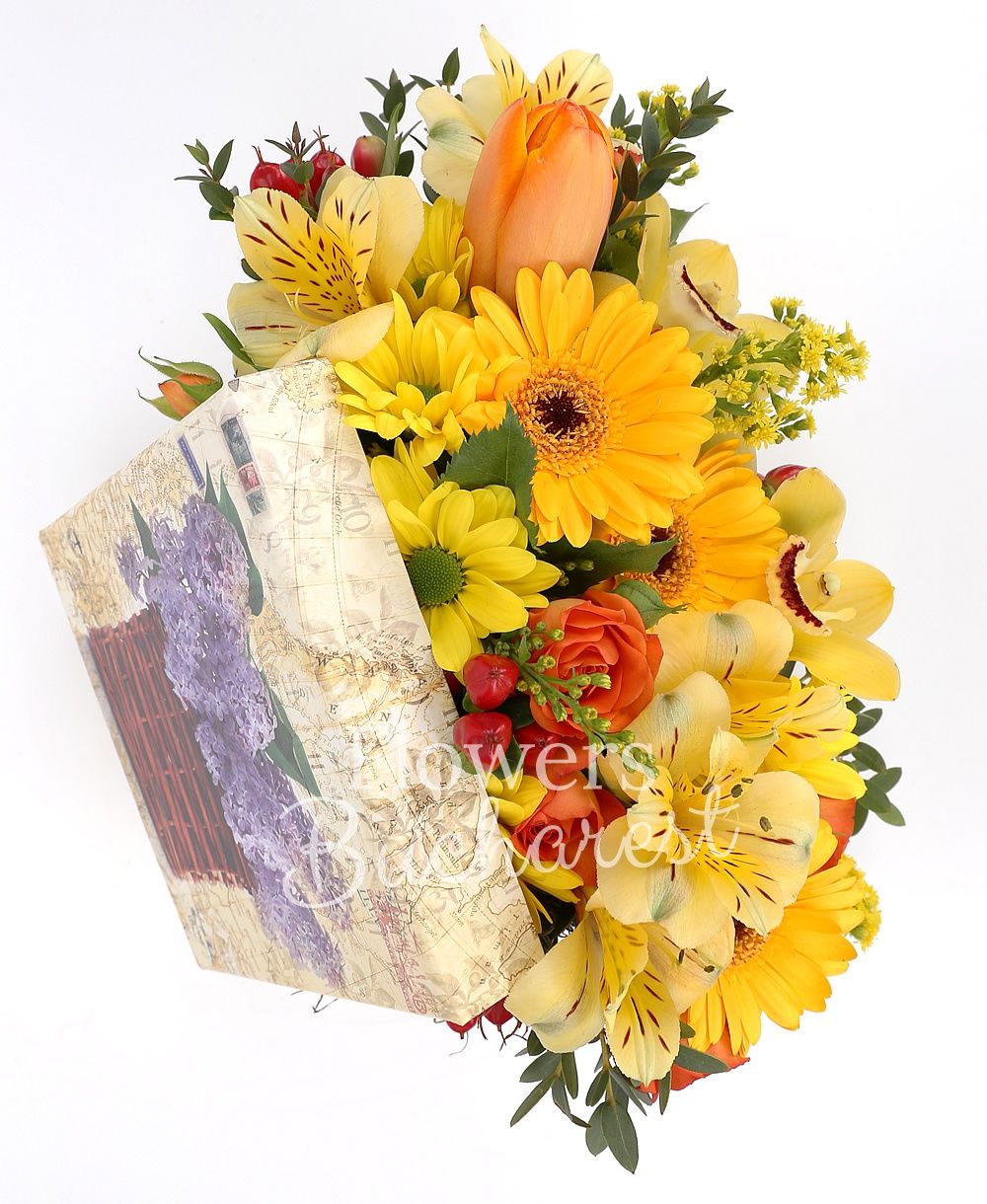 3 yellow gerbera, 1 orange minirose, red hypericum, yellow alstroemeria, yellow solidago, yellow chrysanthemum, greenery