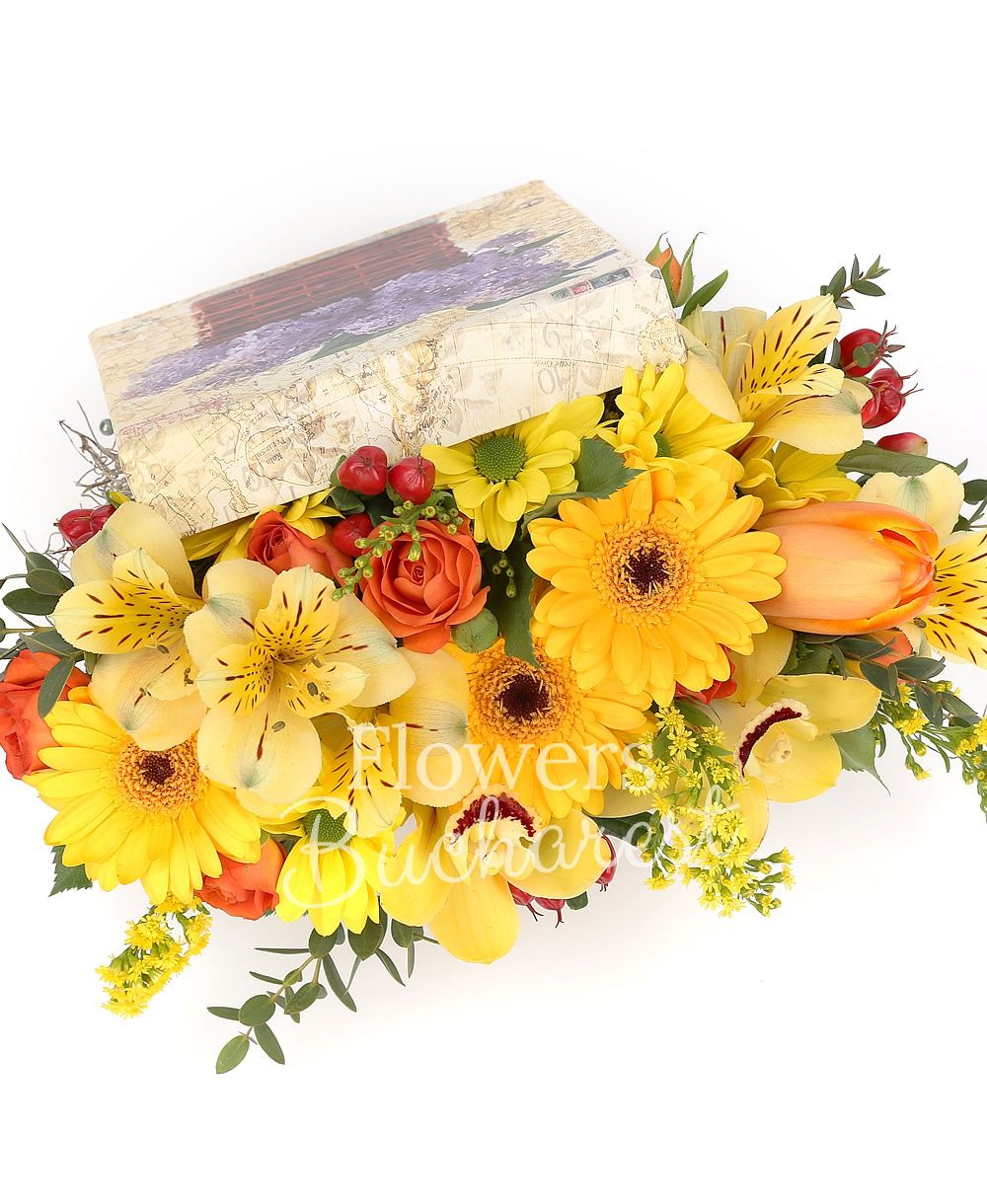 3 yellow gerbera, 1 orange minirose, red hypericum, yellow alstroemeria, yellow solidago, yellow chrysanthemum, greenery