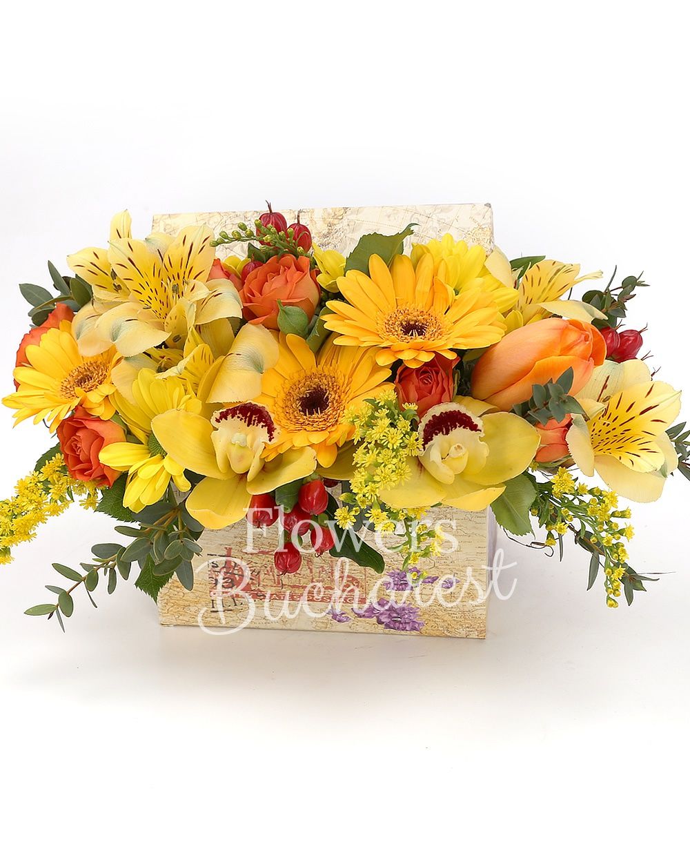 3 yellow gerbera, 1 orange minirose, red hypericum, yellow alstroemeria, yellow solidago, yellow chrysanthemum, greenery