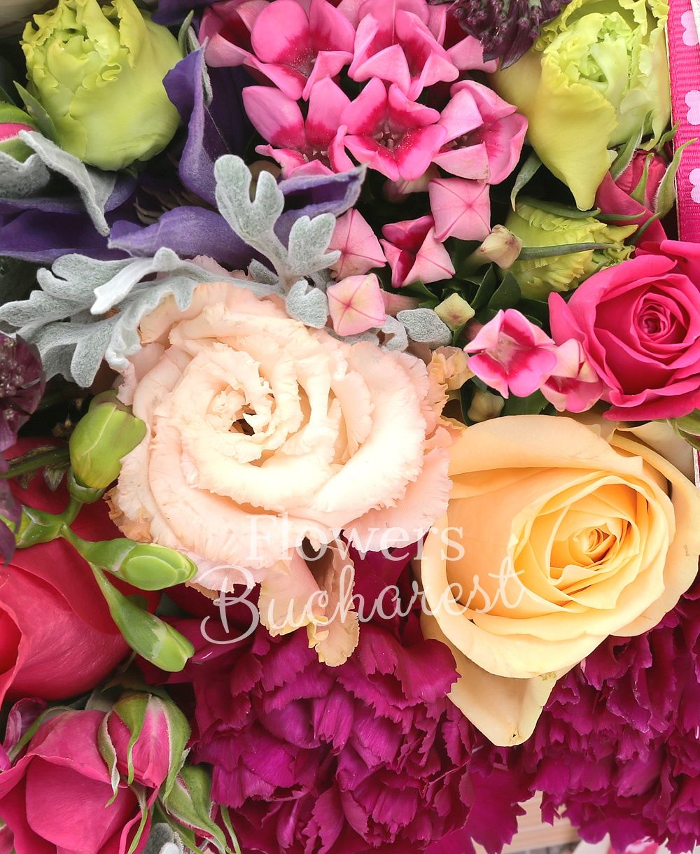 3 cyclam roses, 1 cyclam minirose, 2 cream roses, 3 cyclam freesias, 2 pink bouvardia, 3 garnet carnations, 1 pink lisianthus, 1 red astranția, 3 brunia, 2 clematis, greenery