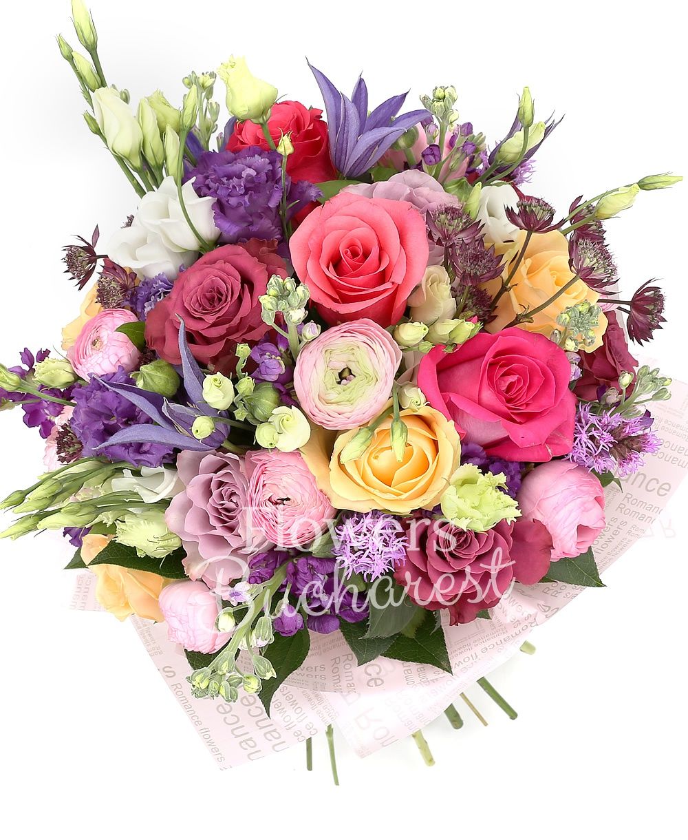 6 red roses, 5 cyclam roses, 5 mauve roses, 5 lila roses, 9 mauve matthiola, 5 red astranția, 3 pink lisianthus, 3 white lisianthus, 10 pink ranunculus, 3 clematis, 2 mauve lisianthus, 3 mauve liatris, greenery