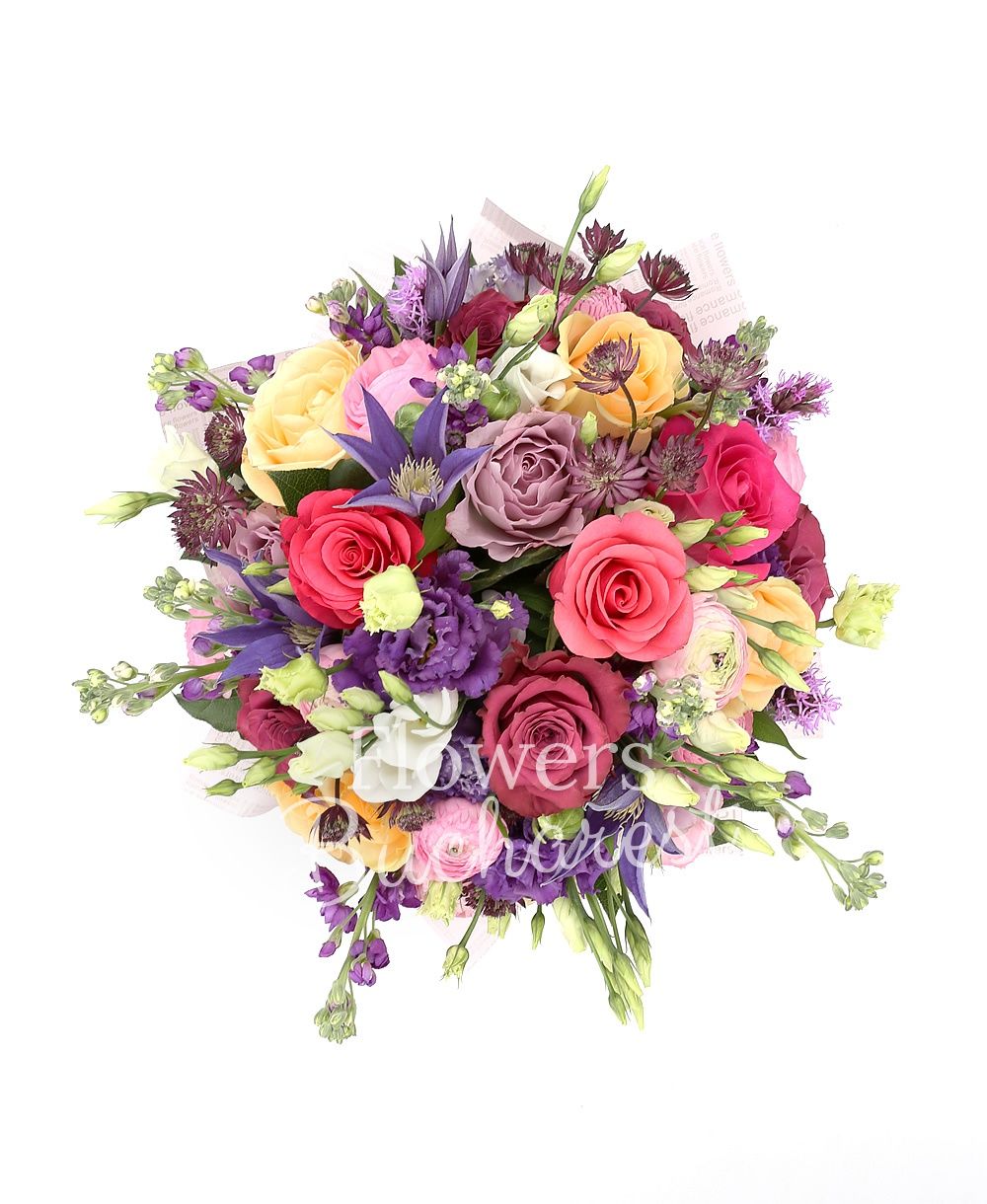 6 red roses, 5 cyclam roses, 5 mauve roses, 5 lila roses, 9 mauve matthiola, 5 red astranția, 3 pink lisianthus, 3 white lisianthus, 10 pink ranunculus, 3 clematis, 2 mauve lisianthus, 3 mauve liatris, greenery