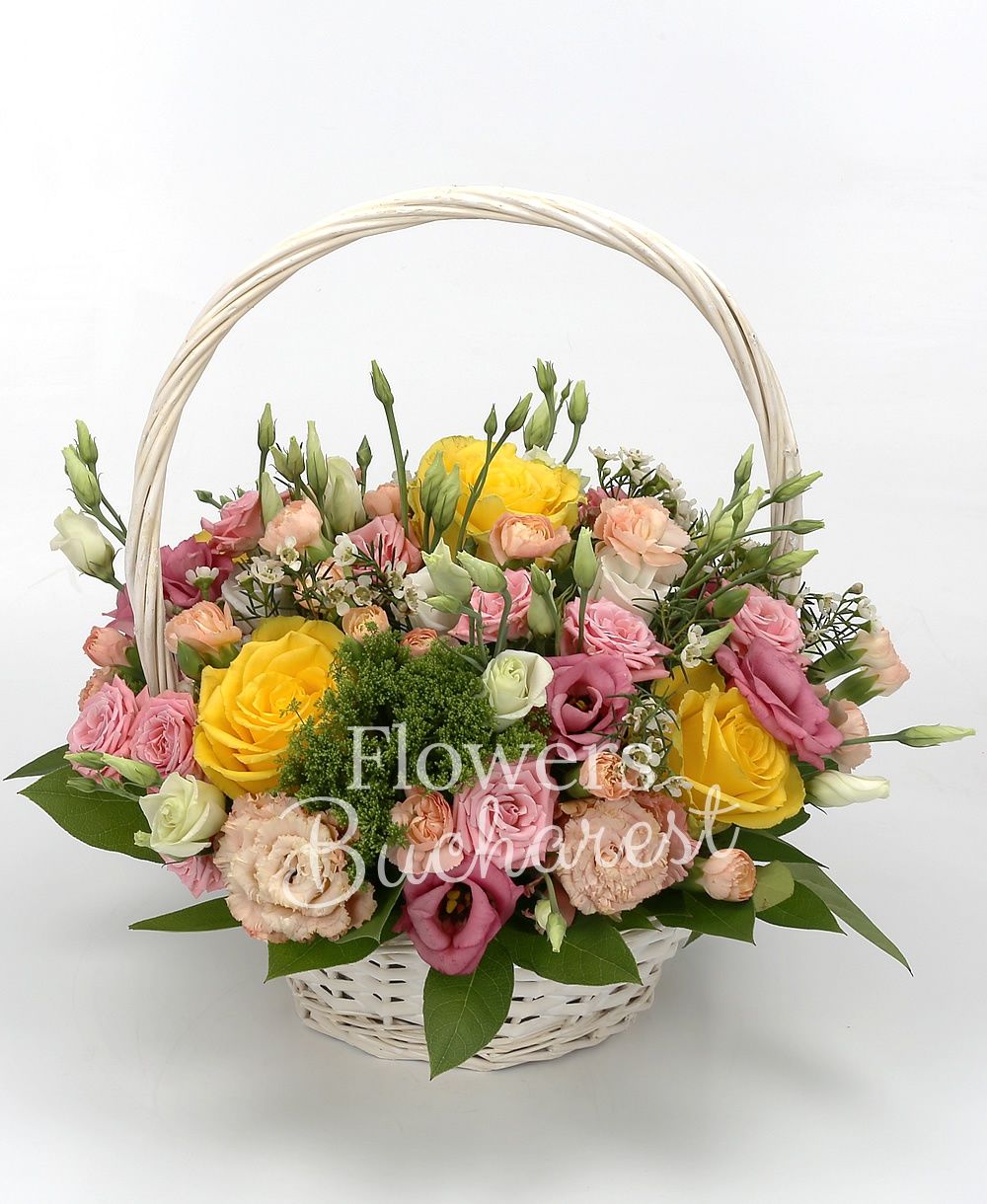 5 yellow roses, 5 pink lisianthus, 5 pink miniroses, 3 white lisianthus, 3 white waxflower, 3 white trachelium,5 pink minicarnations, greenery
