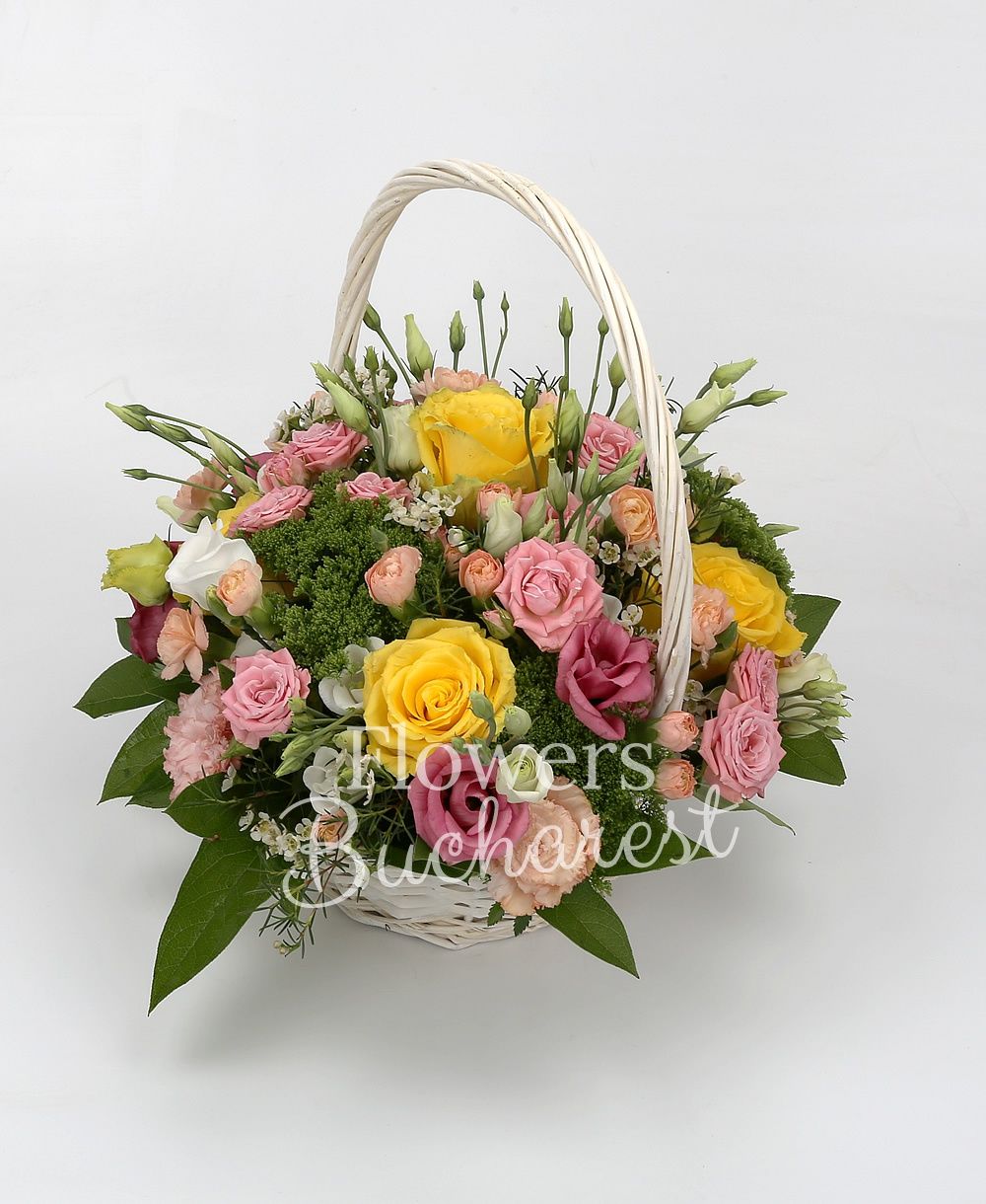 5 yellow roses, 5 pink lisianthus, 5 pink miniroses, 3 white lisianthus, 3 white waxflower, 3 white trachelium,5 pink minicarnations, greenery