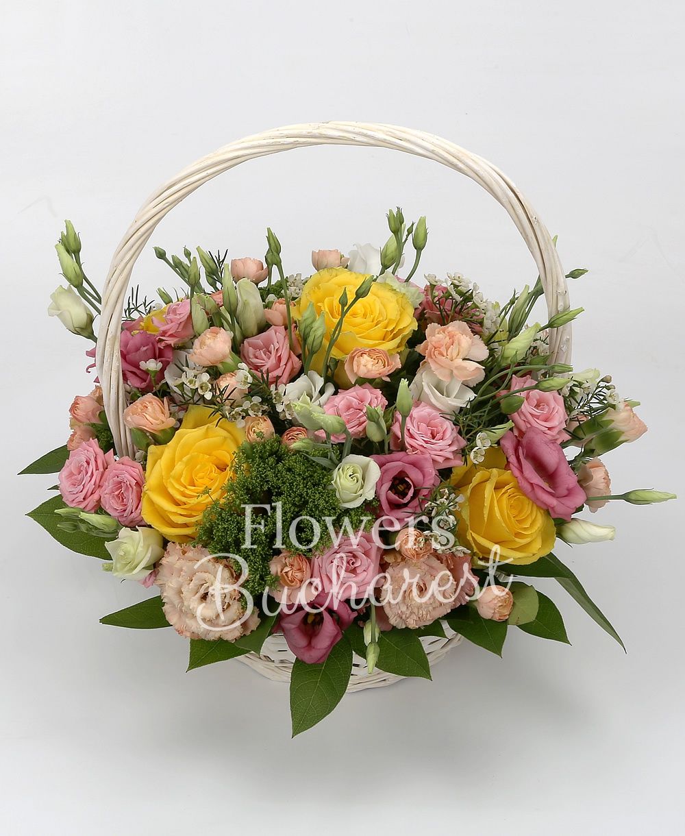 5 yellow roses, 5 pink lisianthus, 5 pink miniroses, 3 white lisianthus, 3 white waxflower, 3 white trachelium,5 pink minicarnations, greenery