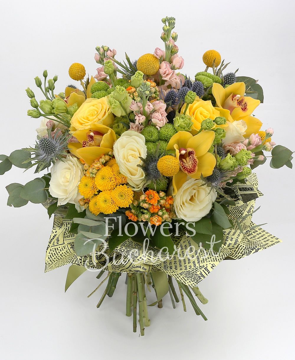 5 yellow roses, 5 cream roses, 5 yellow santini, 5 green santini, 7 cream matthiola, 5 craspedia, 3 eryngium, 3 green lisianthus, 5 orange kalanchoe, yellow cymbidium, greenery