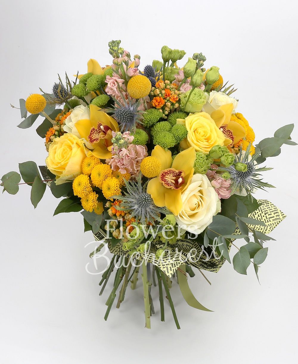 5 yellow roses, 5 cream roses, 5 yellow santini, 5 green santini, 7 cream matthiola, 5 craspedia, 3 eryngium, 3 green lisianthus, 5 orange kalanchoe, yellow cymbidium, greenery