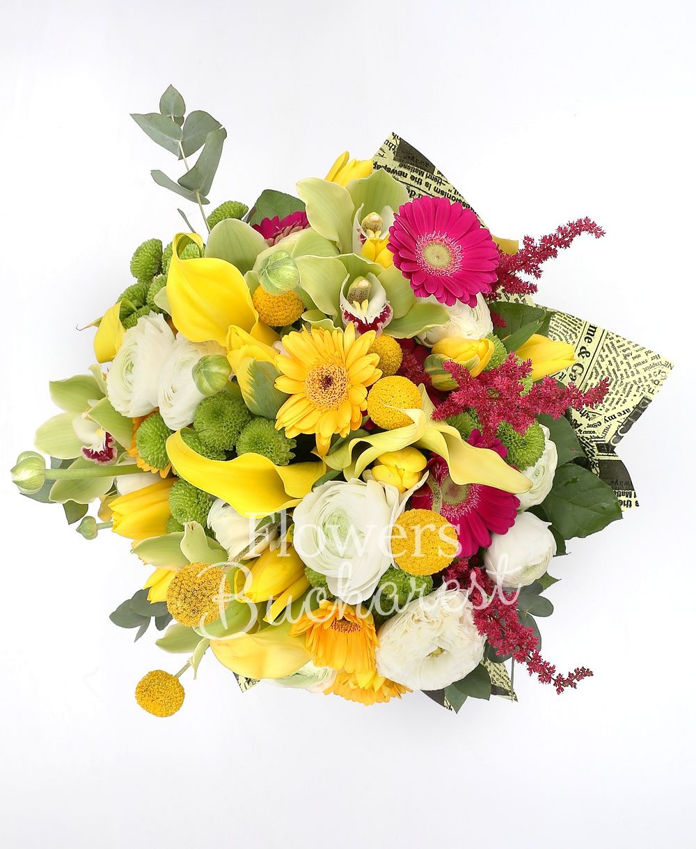 5 yellow cala, 10 white ranunculus, 5 red astilbe, 3 cyclam gerbera, 5 yellow gerbera, 10 yellow tulips, 5 craspedia, 5 green santini, green cymbidium, greenery