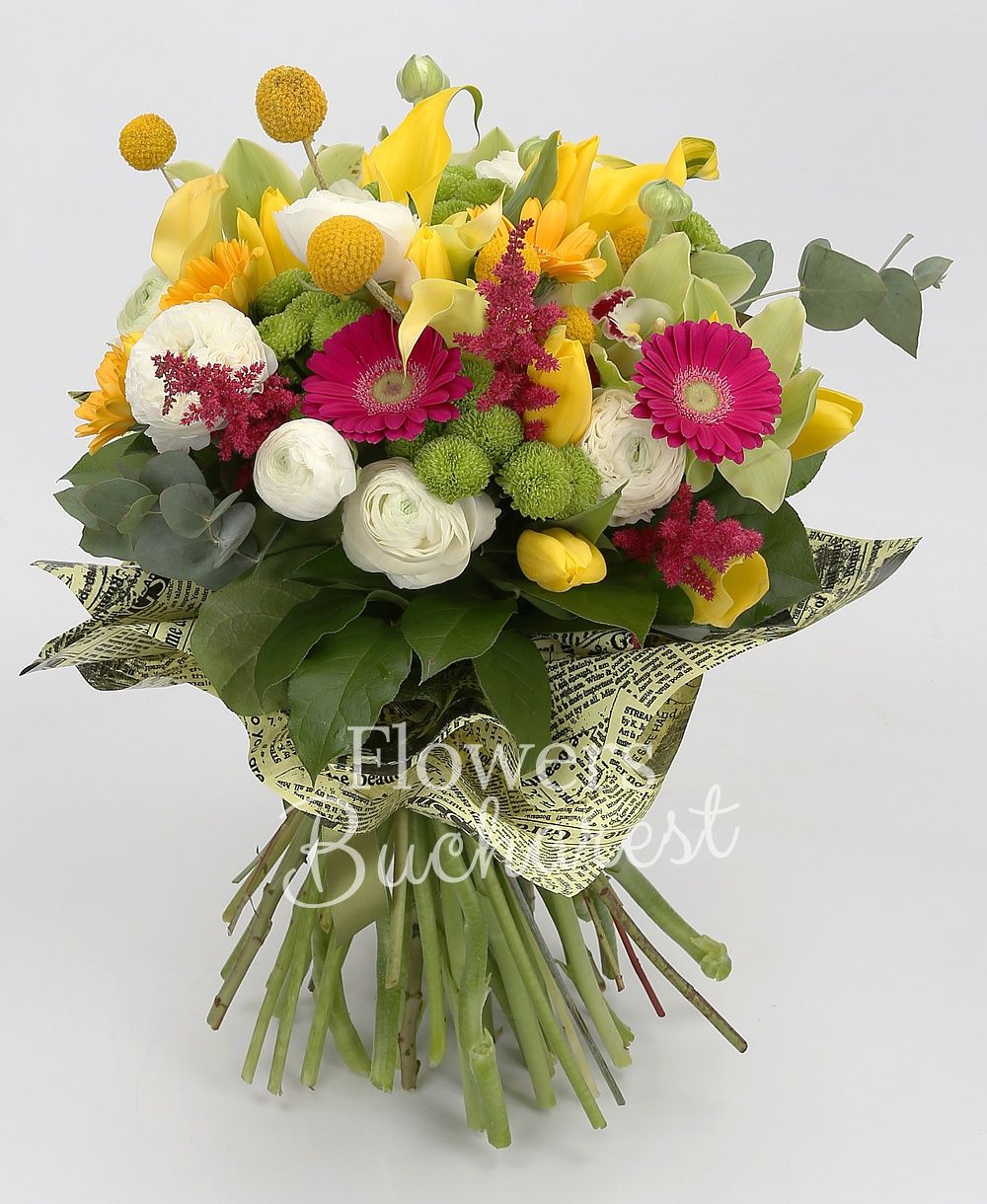 5 yellow cala, 10 white ranunculus, 5 red astilbe, 3 cyclam gerbera, 5 yellow gerbera, 10 yellow tulips, 5 craspedia, 5 green santini, green cymbidium, greenery