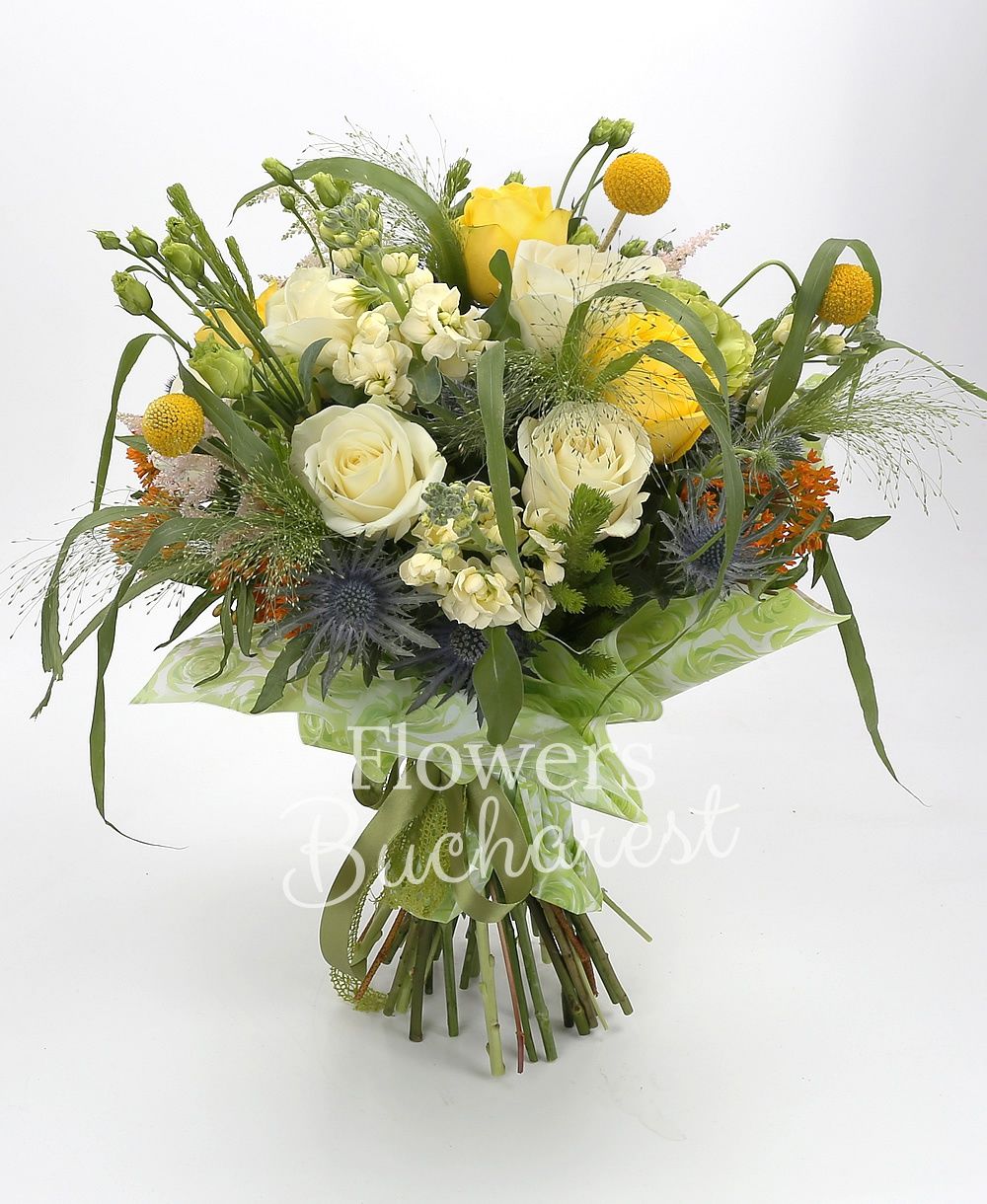 9 white roses, 5 yellow roses, 5 craspedia, 5 green lisianthus, 5 cream matthiola, 5 pink astilbe, 5 orange asclepias, 3 eryngium, 5 panicum, greenery