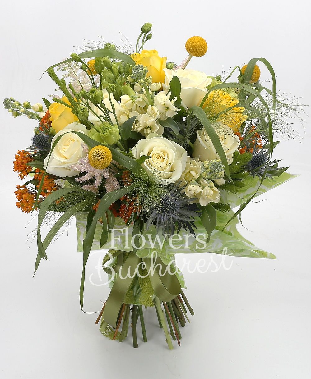 9 white roses, 5 yellow roses, 5 craspedia, 5 green lisianthus, 5 cream matthiola, 5 pink astilbe, 5 orange asclepias, 3 eryngium, 5 panicum, greenery