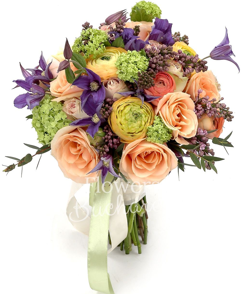 10 orange roses, 5 mauve clematis, 5 mauve lilac, 5 green viburnum, 7 orange ranunculus, greenery