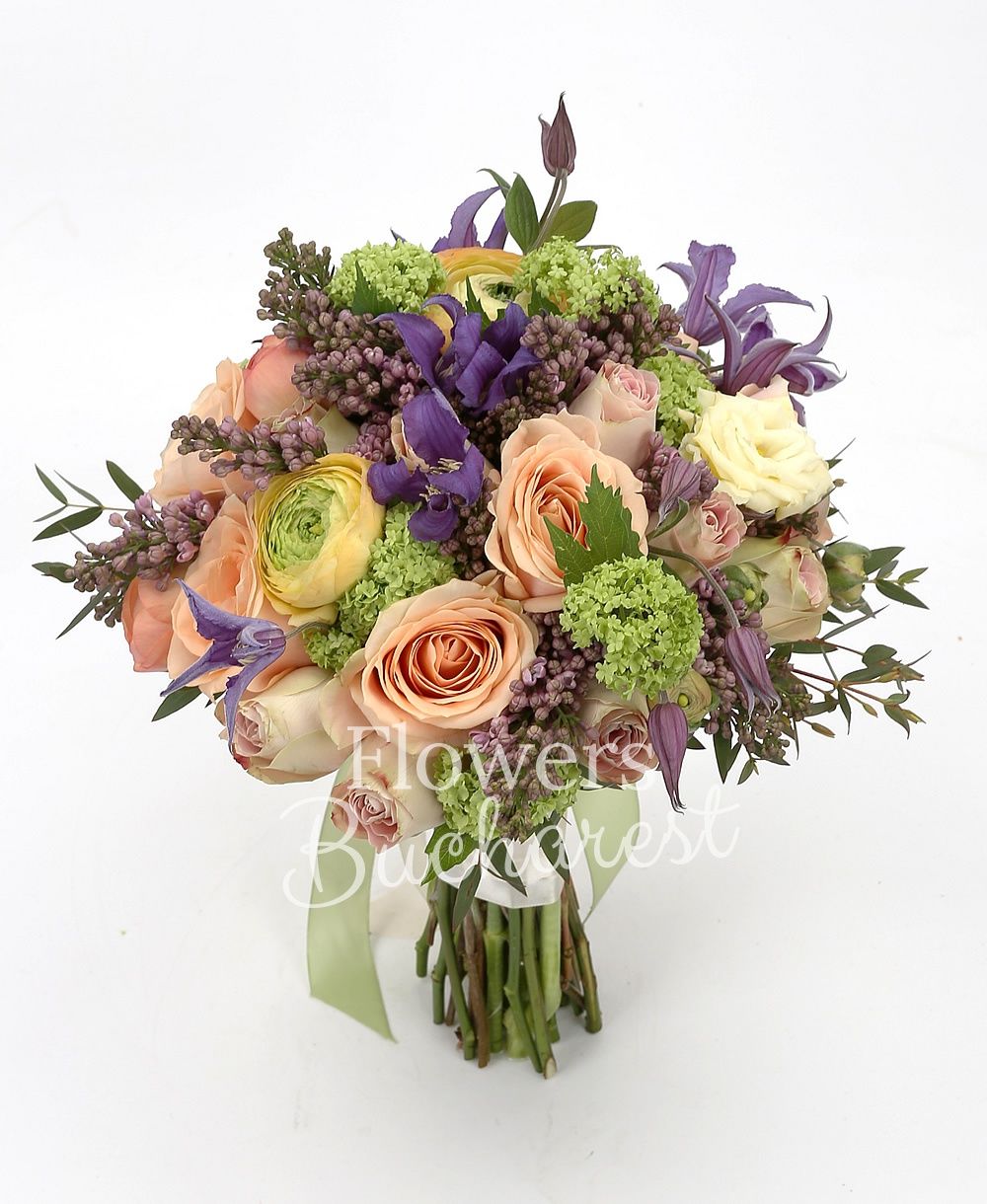 10 orange roses, 5 mauve clematis, 5 mauve lilac, 5 green viburnum, 7 orange ranunculus, greenery