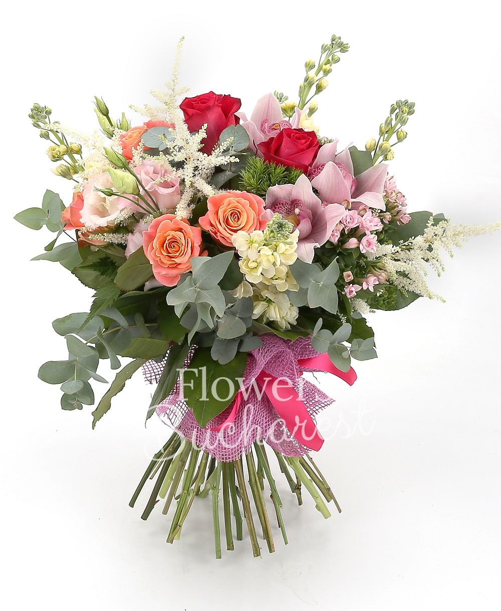 9 miss piggy roses, 5 cyclam roses, 5 pink bouvardia, 5 cream matthiola, 3 pink lisianthus, 5 white astilbe, 5 green carnations, pink cymbidium, greenery