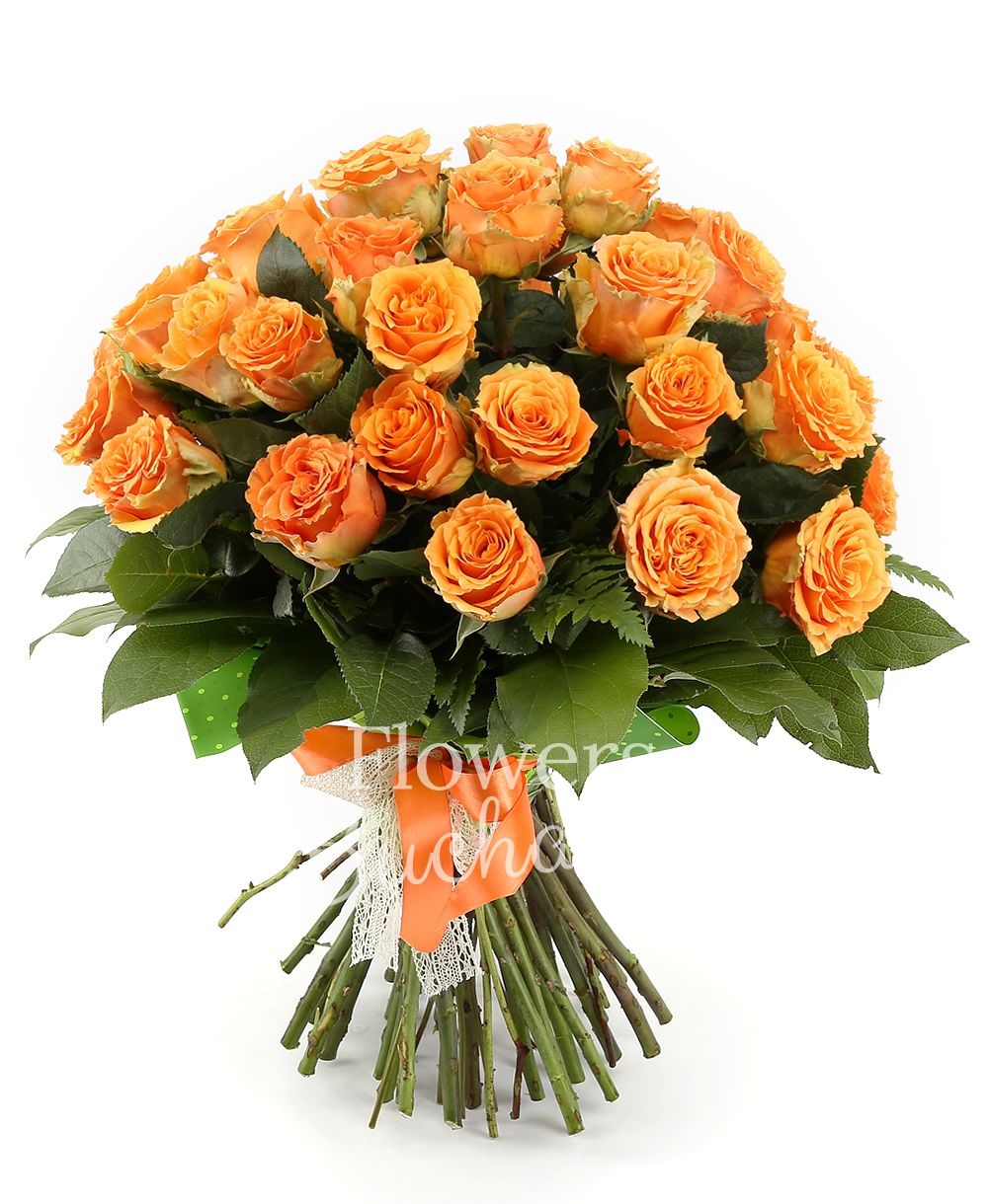 29 orange roses, greenery