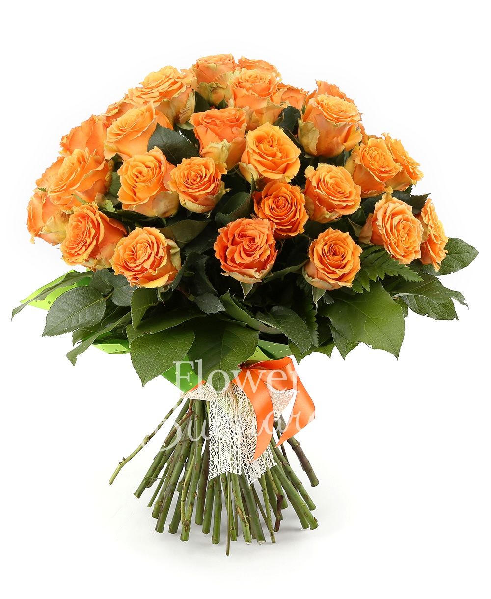 29 orange roses, greenery