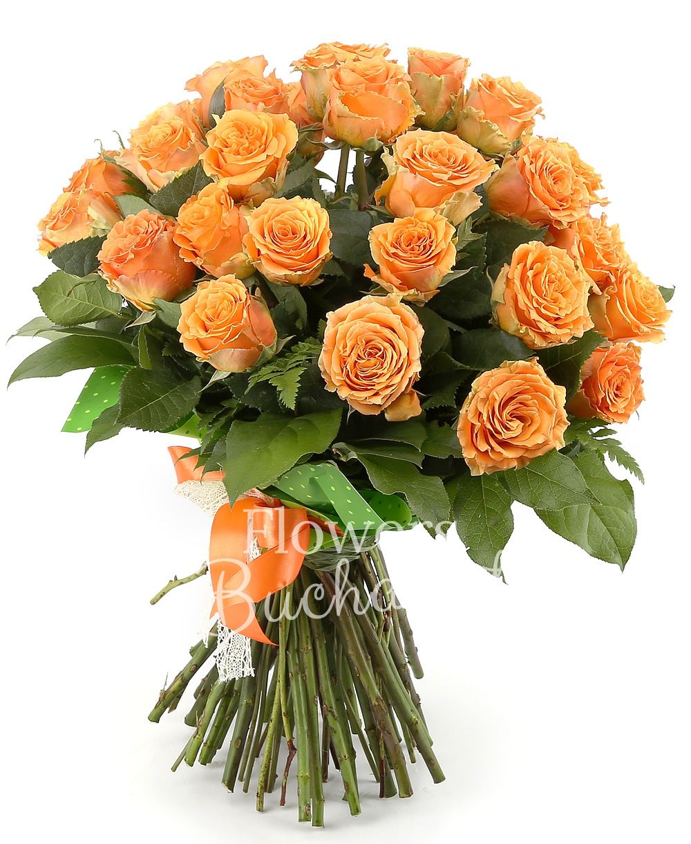 29 orange roses, greenery