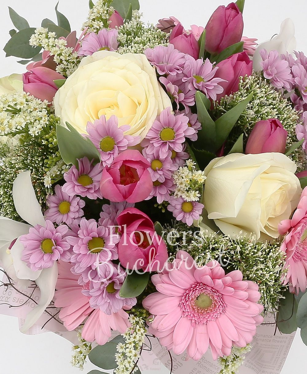 5 white roses, 10 pink tulips, 5 pink gerberas, 3 white trachelium, 5 pink daisy santini, white cymbidium, 2 solidago, greenery