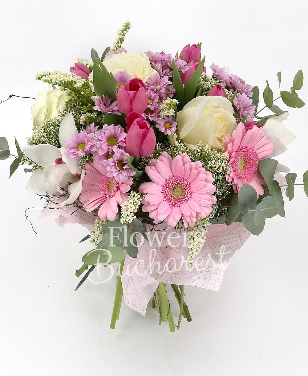 5 white roses, 10 pink tulips, 5 pink gerberas, 3 white trachelium, 5 pink daisy santini, white cymbidium, 2 solidago, greenery