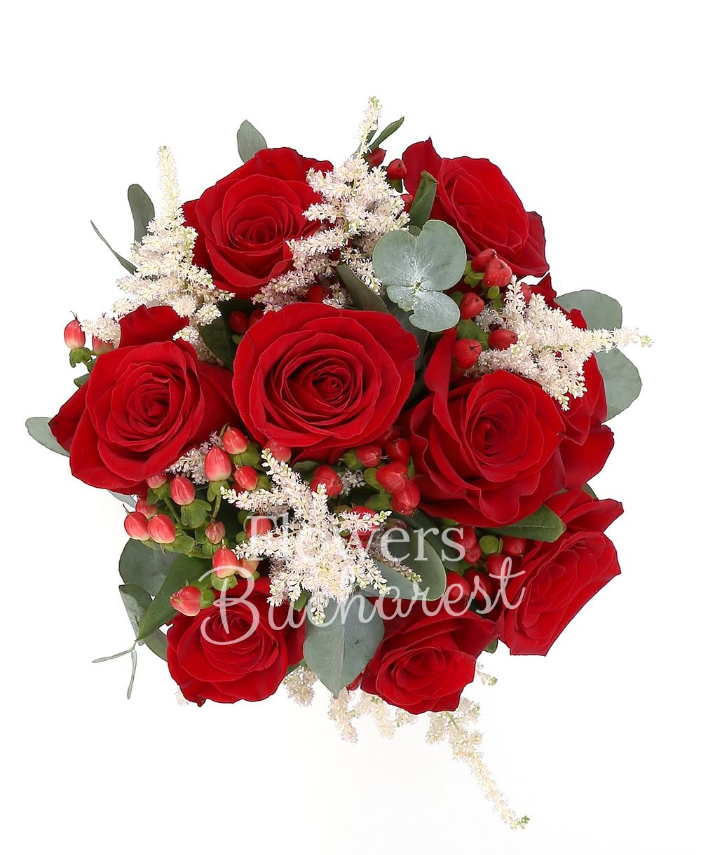 9 red roses, 5 pink astilbe, 5 red hypericum, greenery
