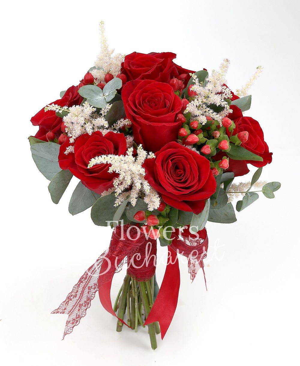 9 red roses, 5 pink astilbe, 5 red hypericum, greenery