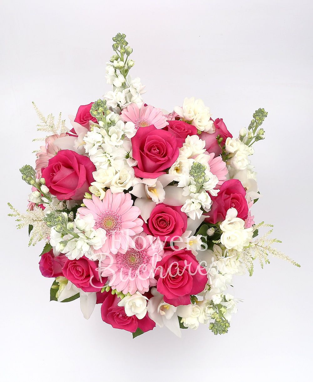 15 cyclam roses, 9 pink gerbera, 7 white matthiola, 20 white freesias, 5 white astilbe, white cymbidium, greenery