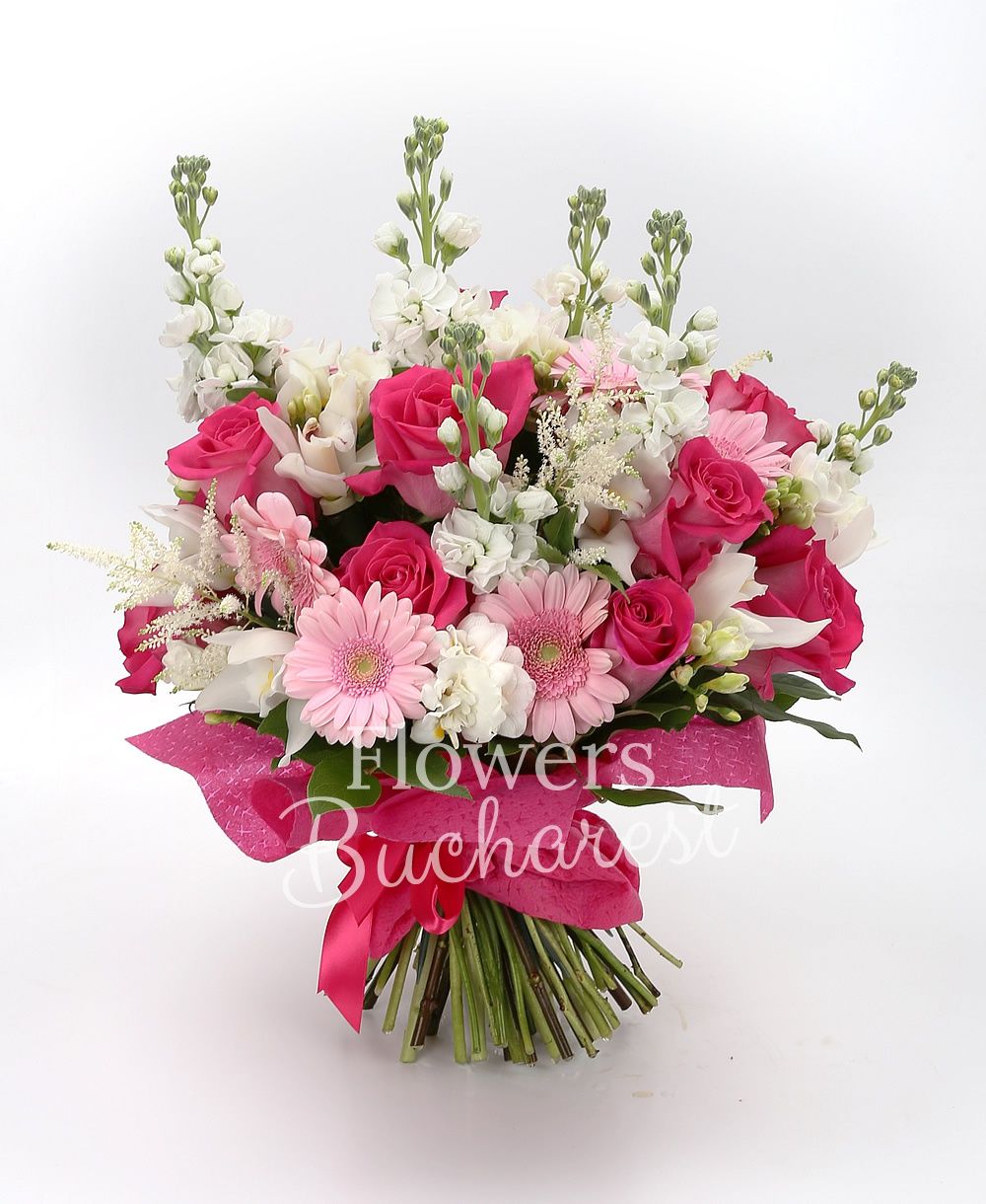 15 cyclam roses, 9 pink gerbera, 7 white matthiola, 20 white freesias, 5 white astilbe, white cymbidium, greenery