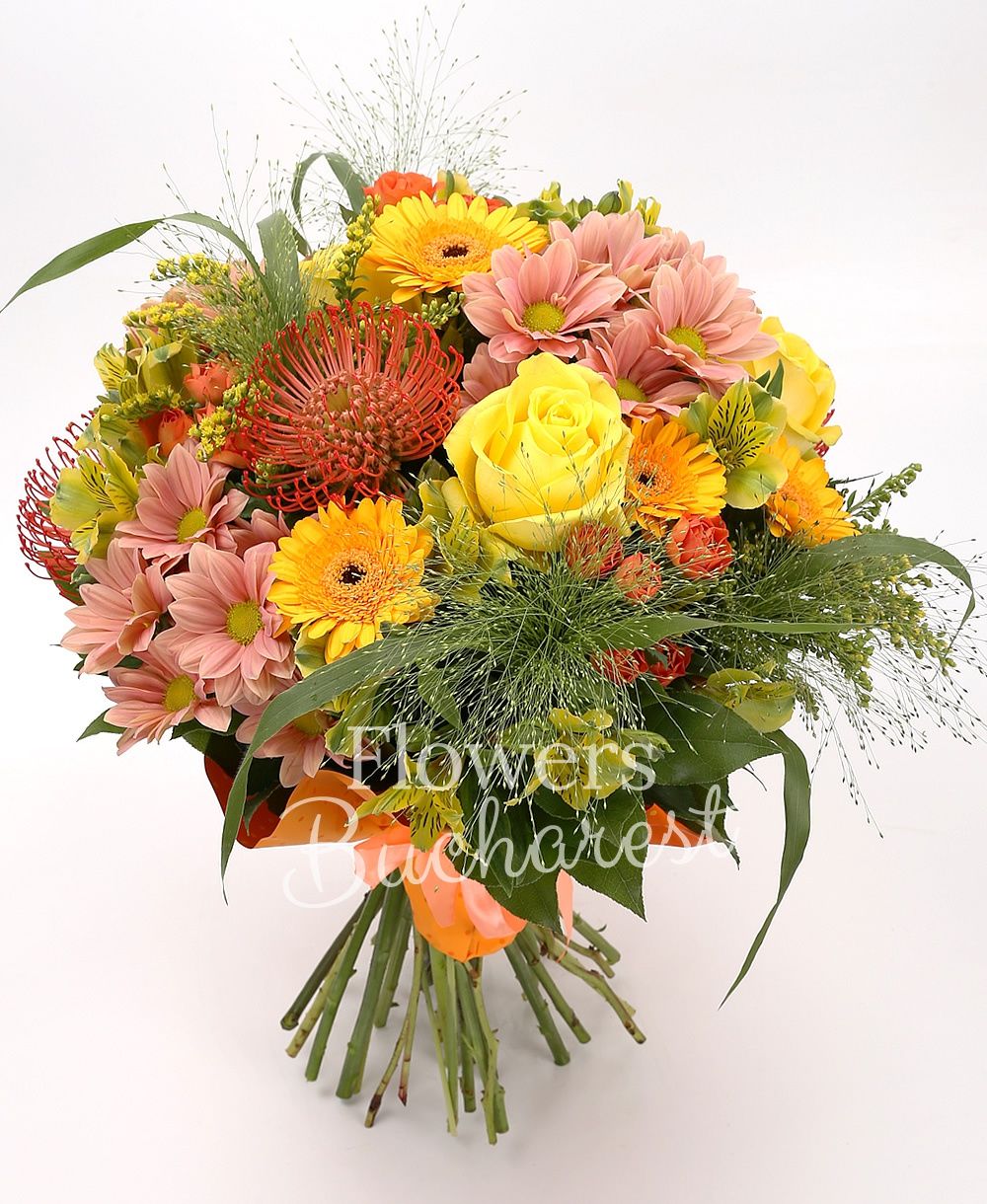 5 yellow roses, 5 yellow gerbera, 5 yellow miniroses, 5 yellow alstroemeria, 5 leucospermum, 5 panicum, 5 solidago, 4 cream chrysanthemums, greenery