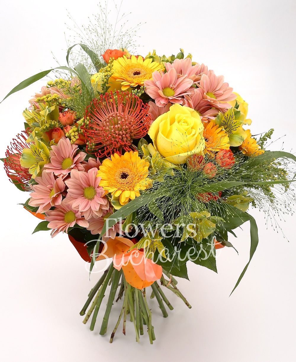 5 yellow roses, 5 yellow gerbera, 5 yellow miniroses, 5 yellow alstroemeria, 5 leucospermum, 5 panicum, 5 solidago, 4 cream chrysanthemums, greenery