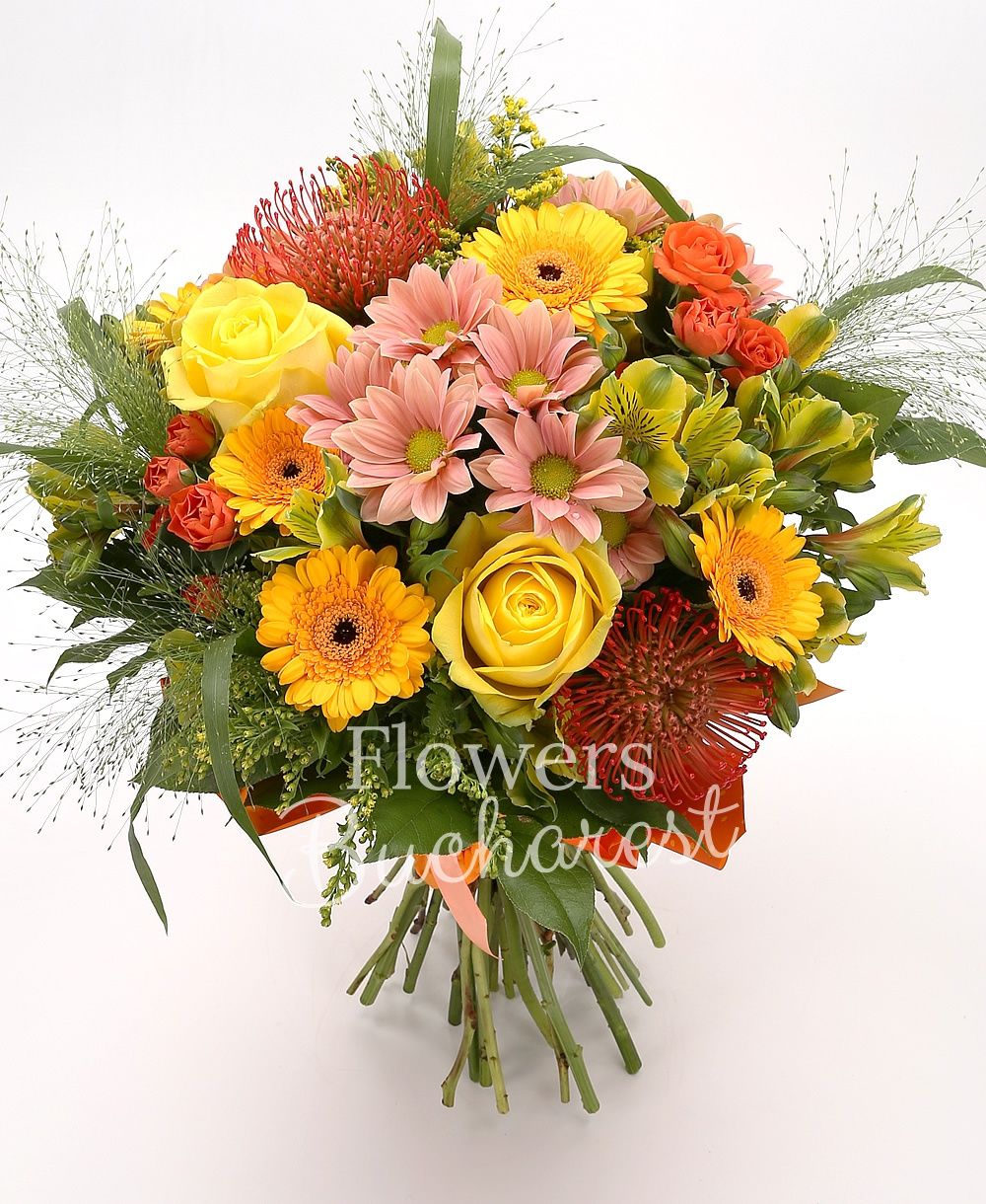 5 yellow roses, 5 yellow gerbera, 5 yellow miniroses, 5 yellow alstroemeria, 5 leucospermum, 5 panicum, 5 solidago, 4 cream chrysanthemums, greenery