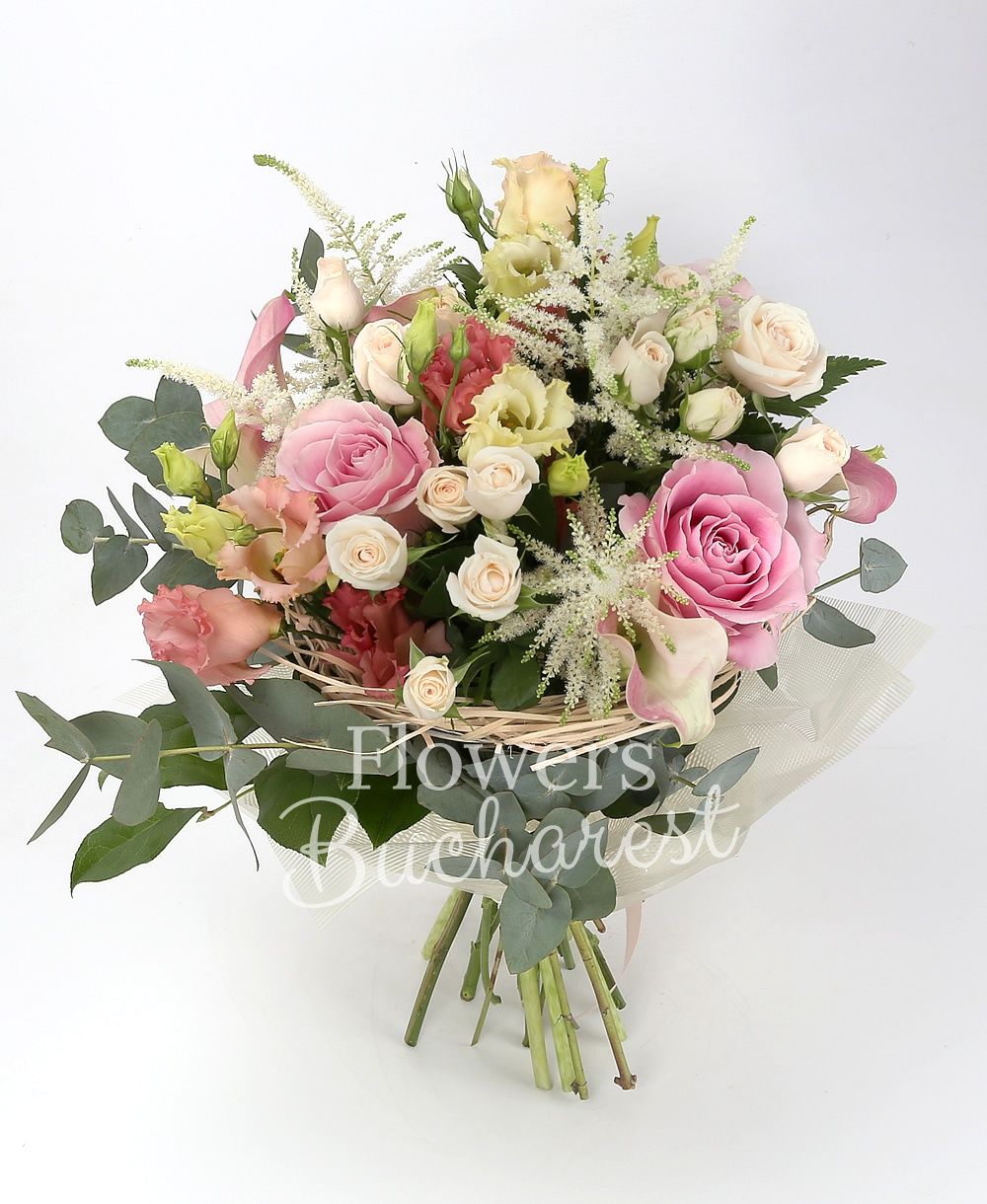 3 pink roses, 5 pink cala, 3 pink lisianthus, 3 cream miniroses, 5 white astilbe, greenery