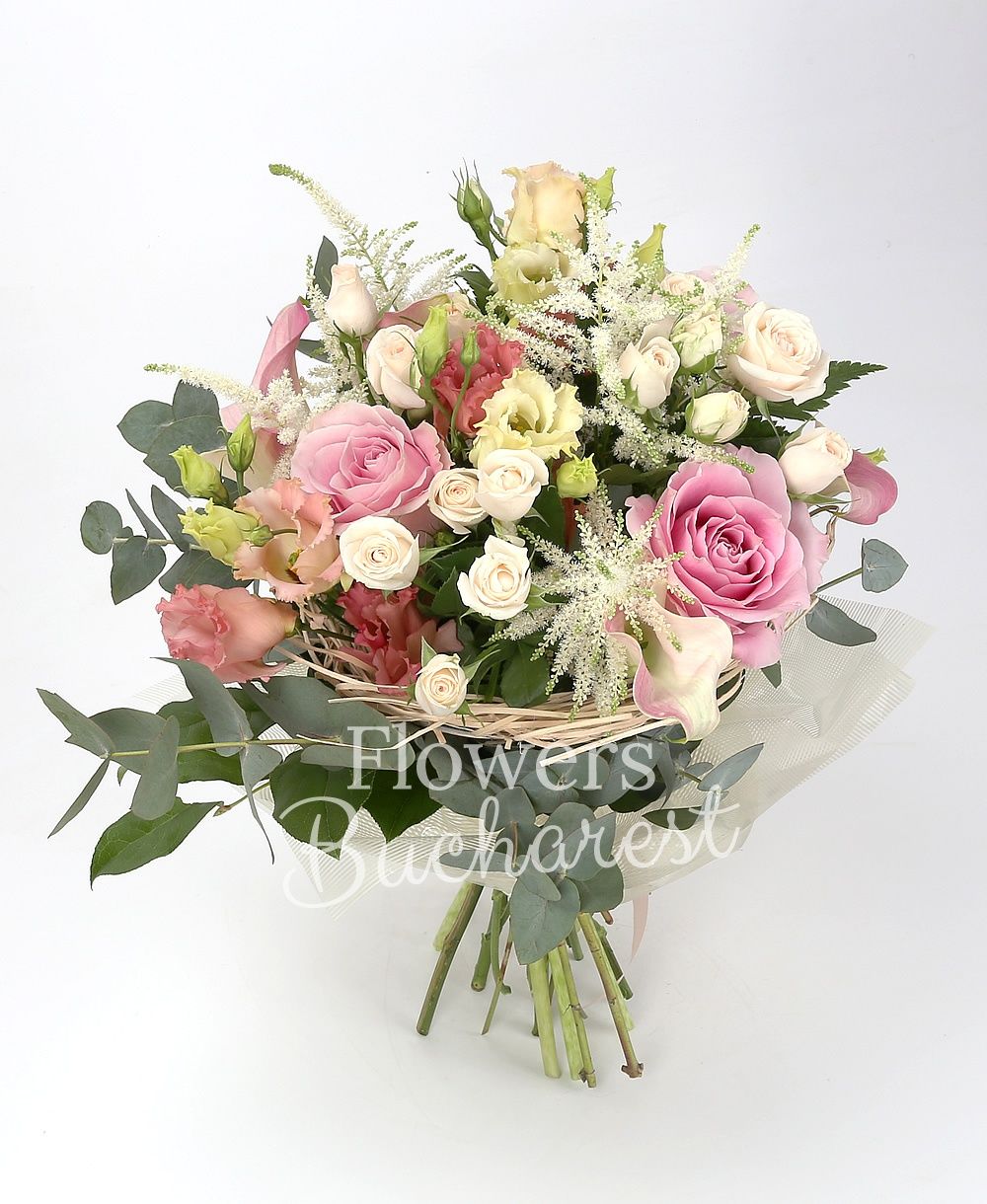 3 pink roses, 5 pink cala, 3 pink lisianthus, 3 cream miniroses, 5 white astilbe, greenery