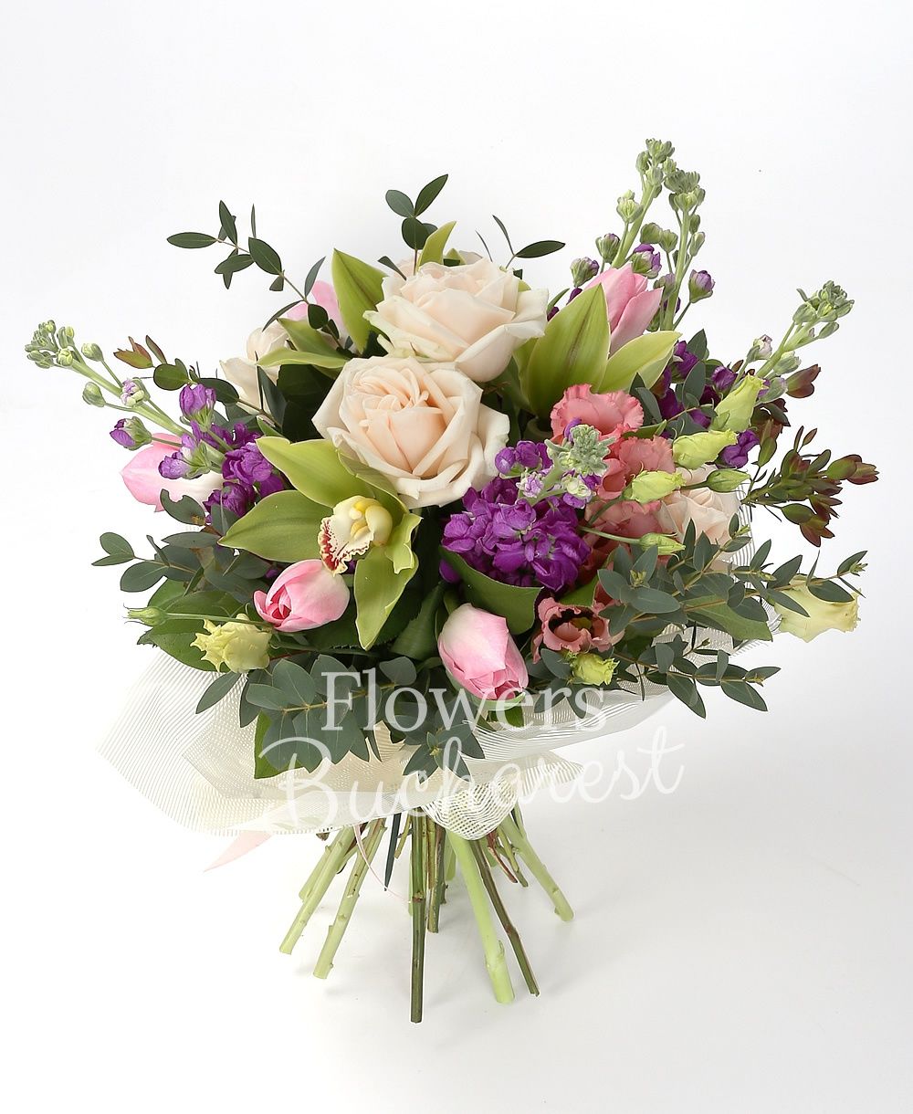 5 cream roses, 5 mauve matthiola, 5 pink tulips, 2 pink lisianthus, green cymbidium, greenery