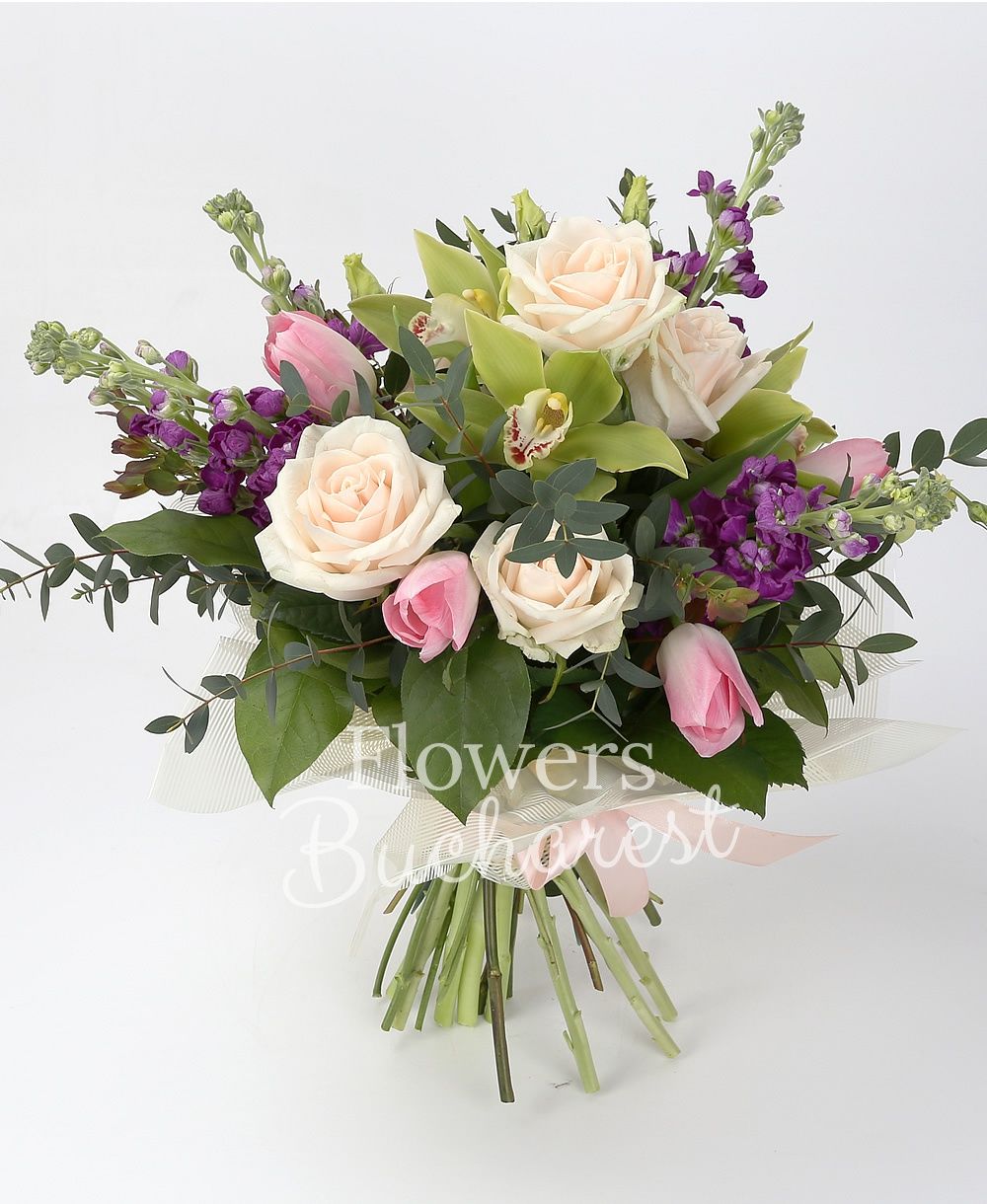 5 cream roses, 5 mauve matthiola, 5 pink tulips, 2 pink lisianthus, green cymbidium, greenery
