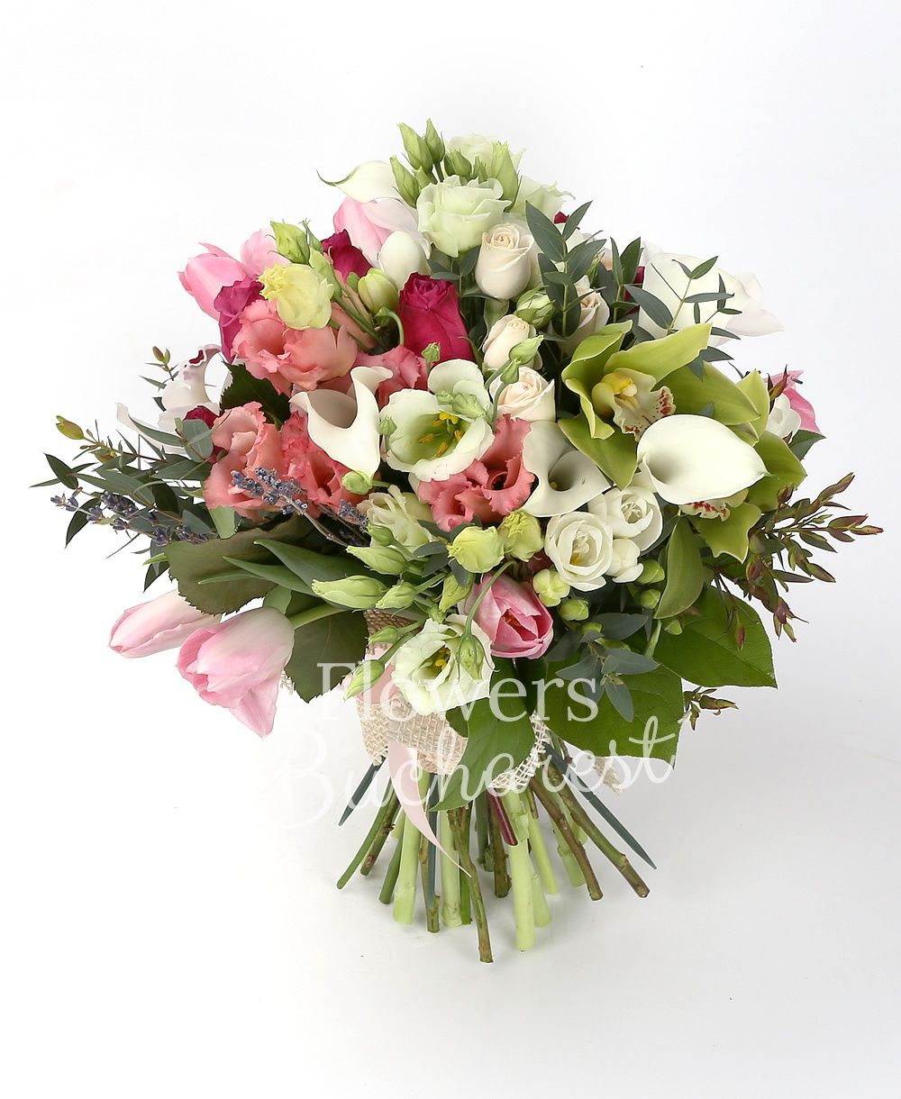 7 cyclam roses, 3 pink lisianthus, 2 mint lisianthus, 7 white cala, 9 pink tulips, 10 white freesias, 3 cream miniroses, green cymbidium, white cymbidium, lavender, greenery