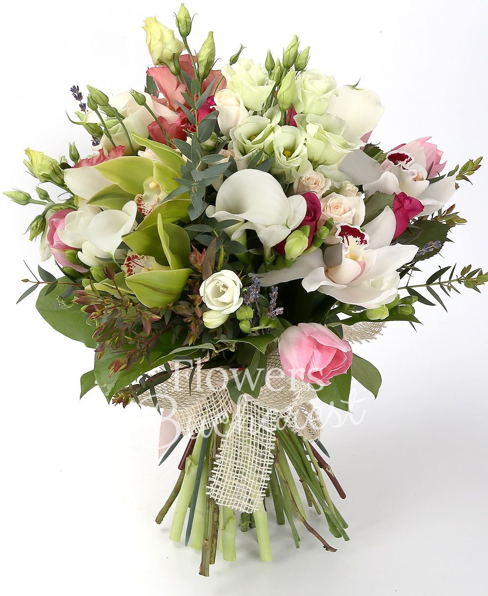 7 cyclam roses, 3 pink lisianthus, 2 mint lisianthus, 7 white cala, 9 pink tulips, 10 white freesias, 3 cream miniroses, green cymbidium, white cymbidium, lavender, greenery