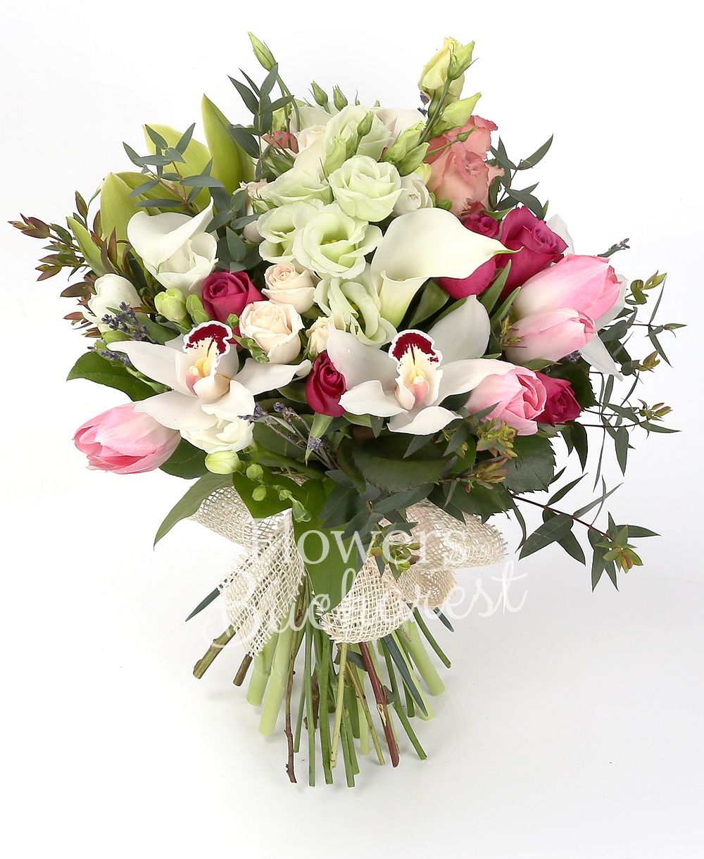 7 cyclam roses, 3 pink lisianthus, 2 mint lisianthus, 7 white cala, 9 pink tulips, 10 white freesias, 3 cream miniroses, green cymbidium, white cymbidium, lavender, greenery