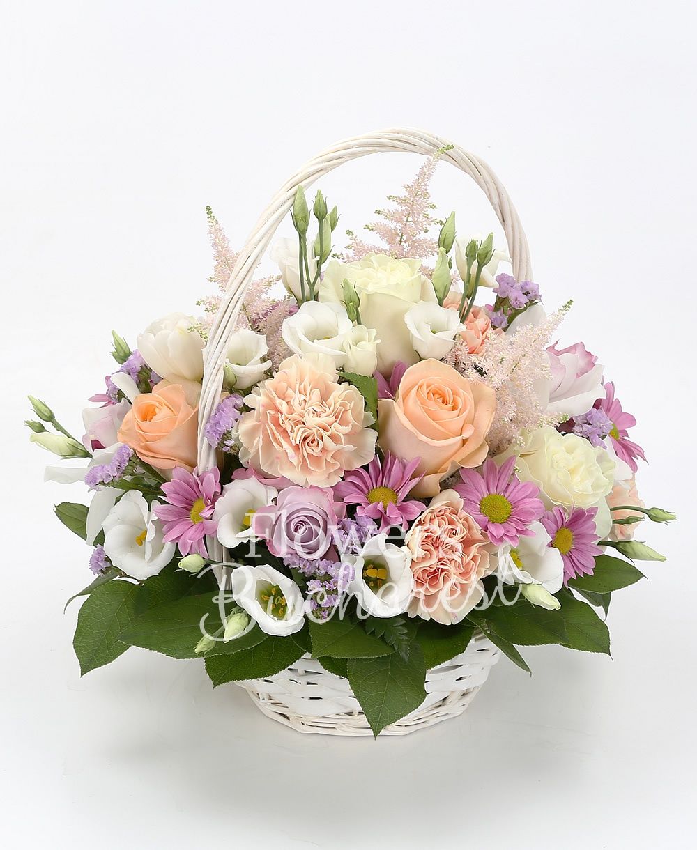 3 white roses, 5 cream roses, 5 cream carnations, 3 lilac chrysanthemums, 5 white lisianthus, cymbidium, 5 purple roses, 3 pink astilbe, 3 lilac statice, greenery