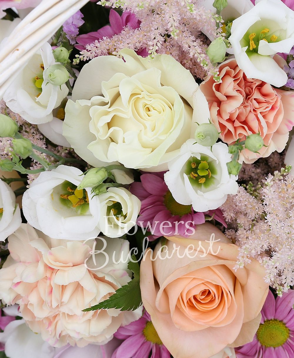 3 white roses, 5 cream roses, 5 cream carnations, 3 lilac chrysanthemums, 5 white lisianthus, cymbidium, 5 purple roses, 3 pink astilbe, 3 lilac statice, greenery