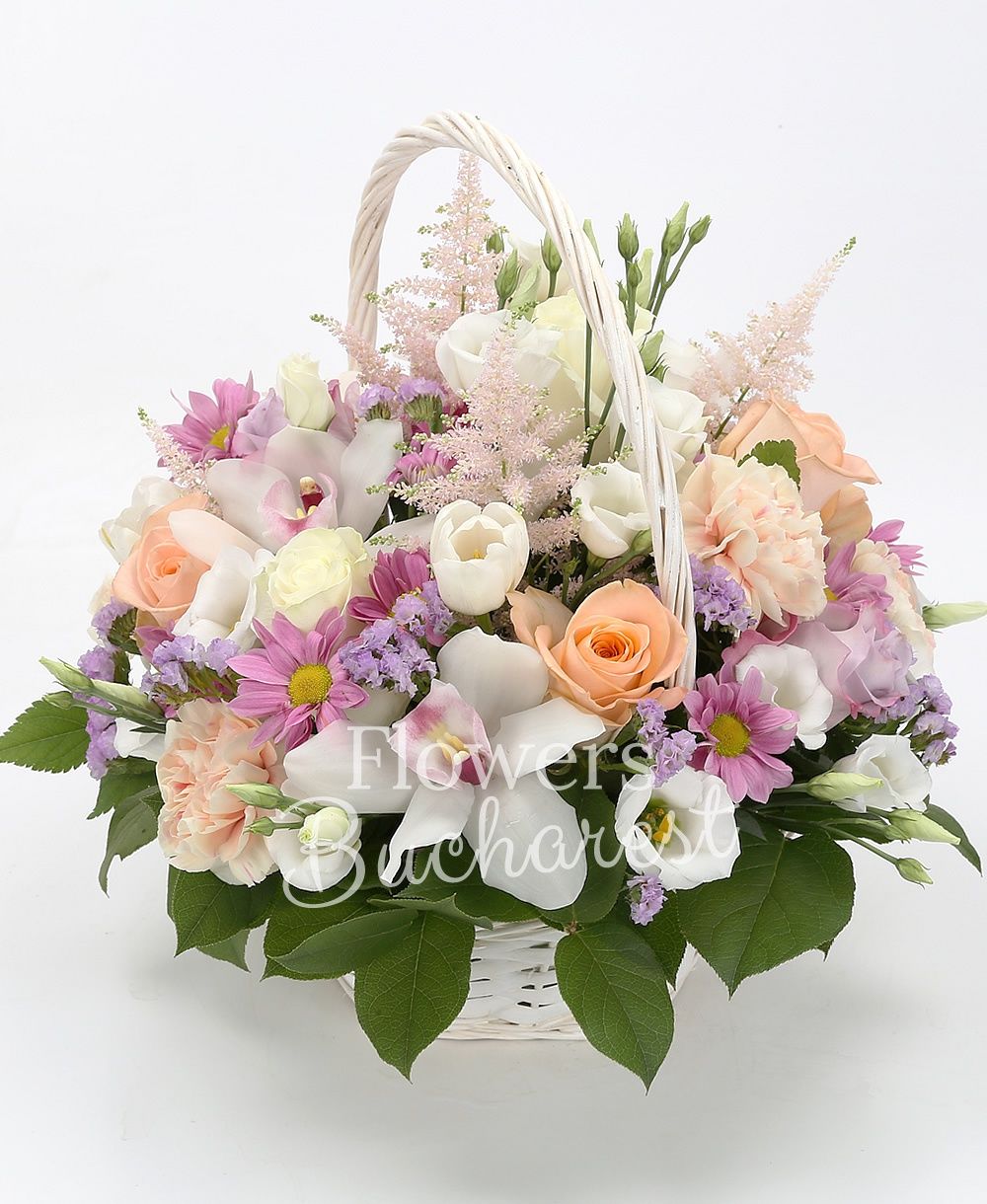 3 white roses, 5 cream roses, 5 cream carnations, 3 lilac chrysanthemums, 5 white lisianthus, cymbidium, 5 purple roses, 3 pink astilbe, 3 lilac statice, greenery