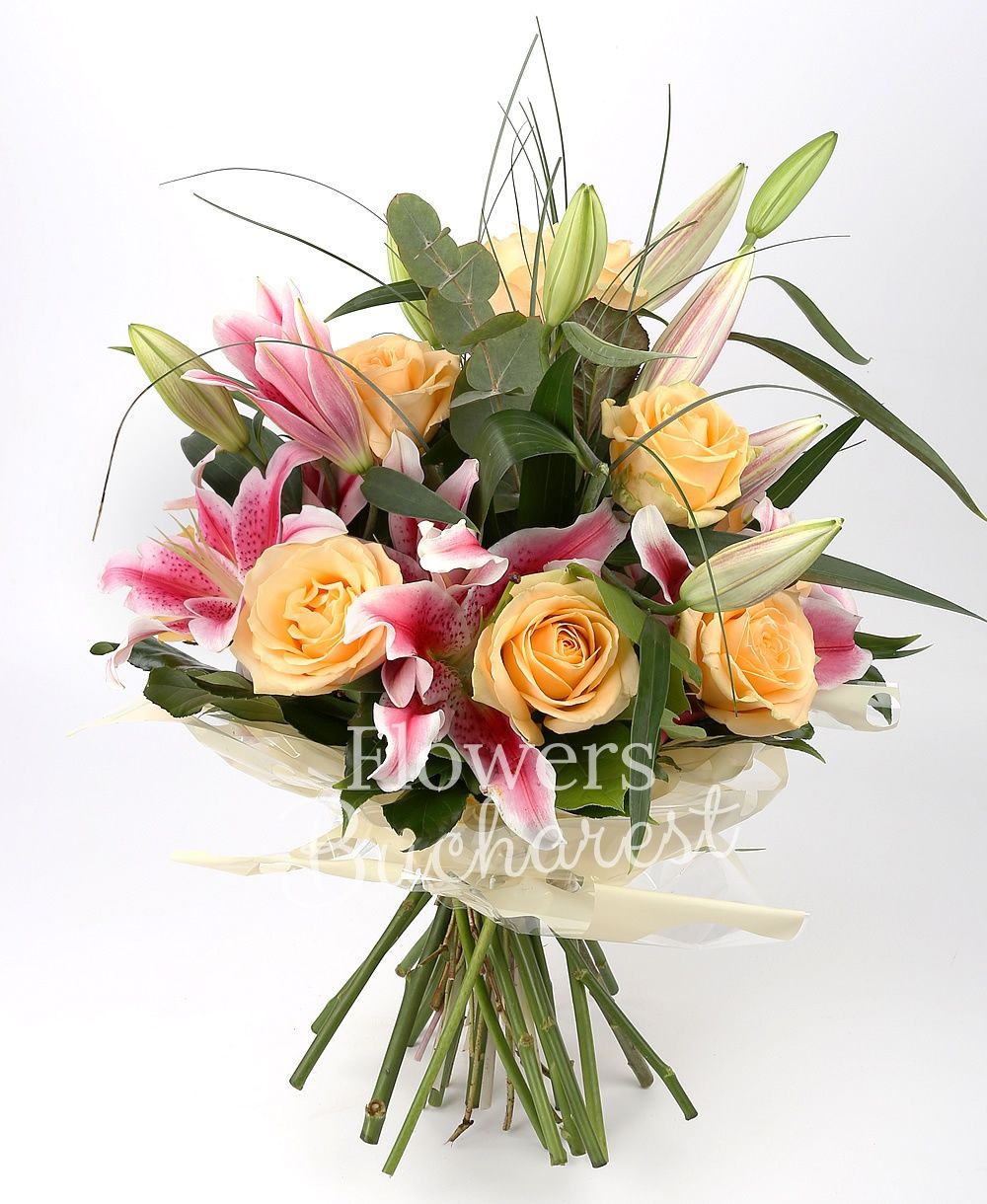 11 banan colour roses, 4 pink tulips, greenery