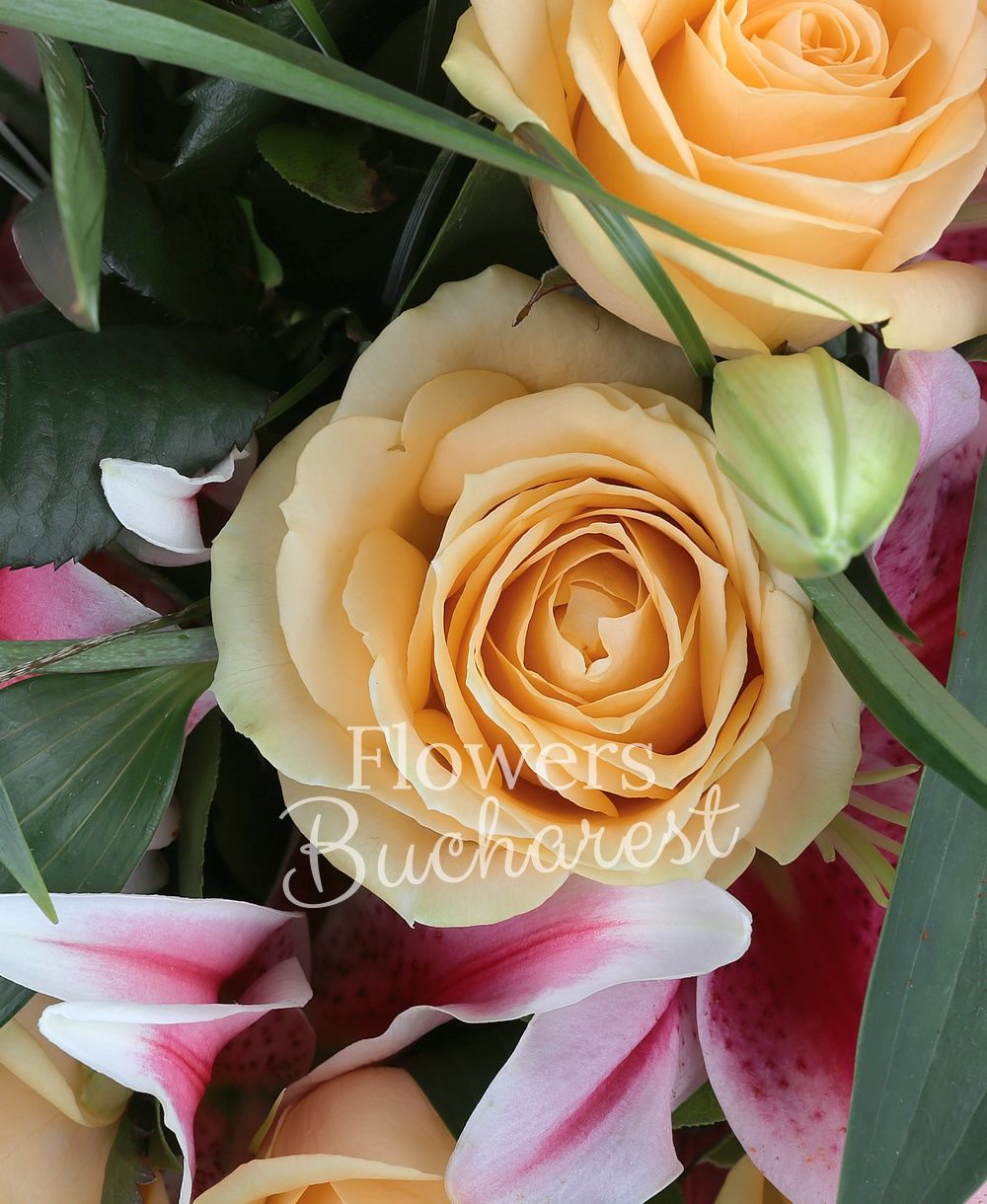 11 banan colour roses, 4 pink tulips, greenery