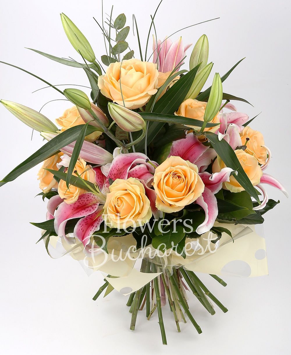 11 banan colour roses, 4 pink tulips, greenery