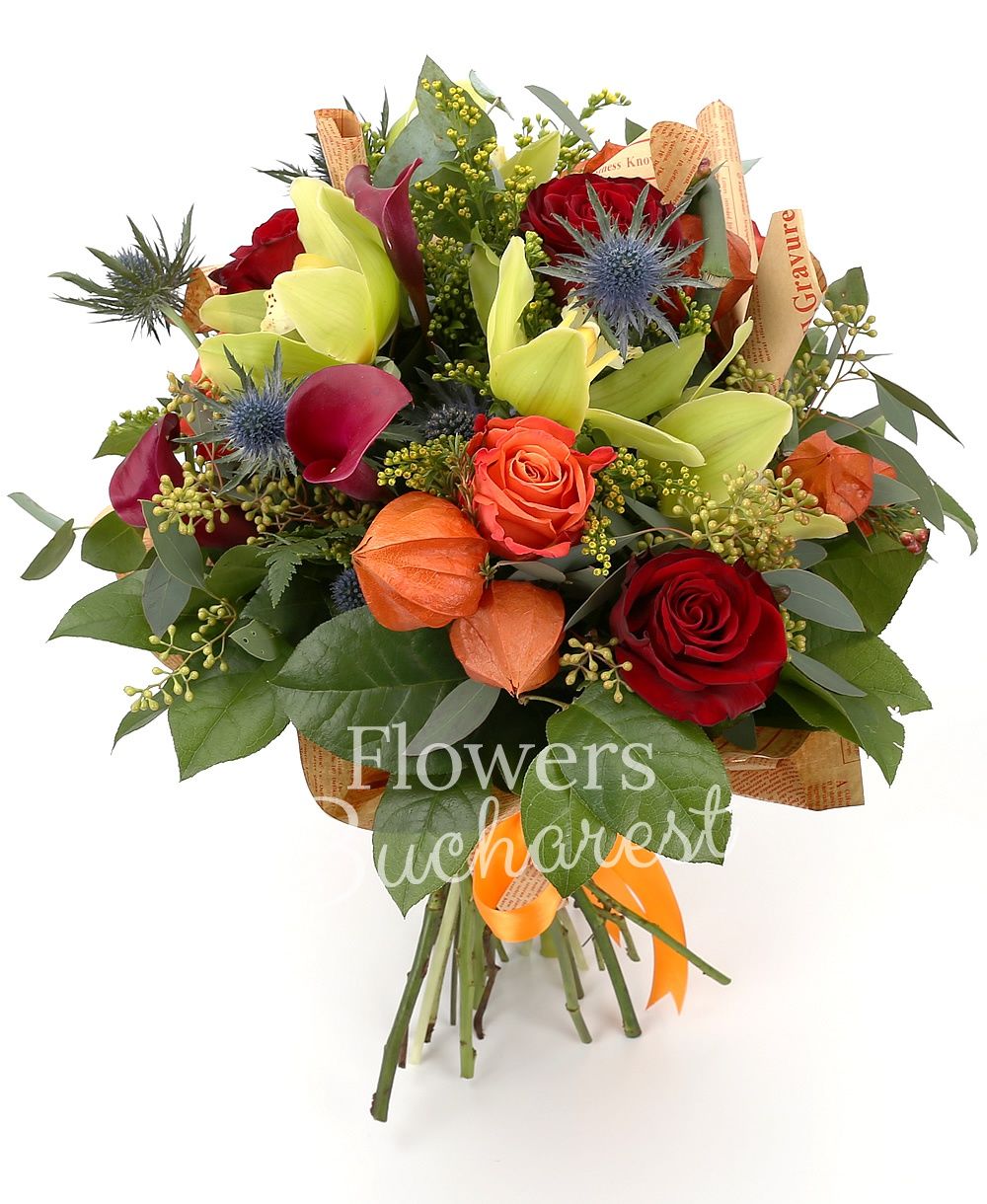 3 red roses, 2 orange roses, 3 cyclam cala, green cymbidium, blue eryngium, solidago, rhipsalis, greenery