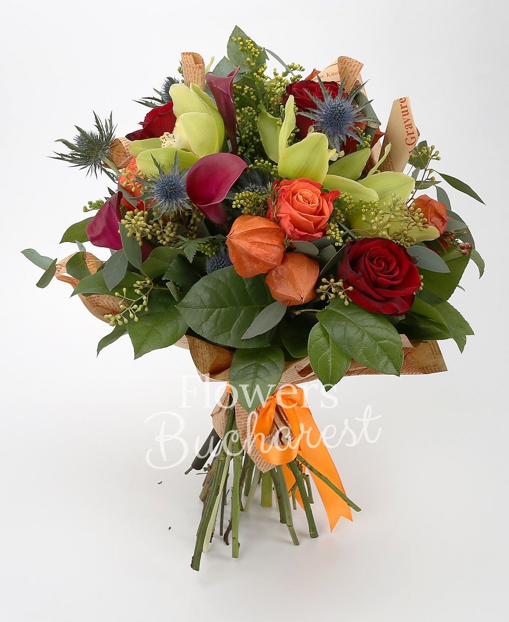 3 red roses, 2 orange roses, 3 cyclam cala, green cymbidium, blue eryngium, solidago, rhipsalis, greenery