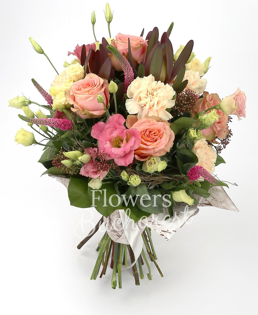 5 orange roses, 3 pink lisianthus, 5 cream carnations, 5 red veronica, 3 leucadendron, 3 schimia, greenery