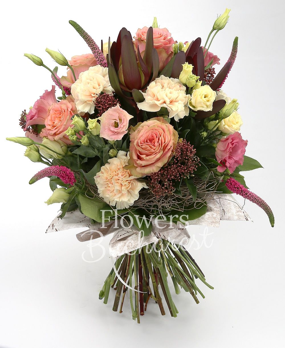 5 orange roses, 3 pink lisianthus, 5 cream carnations, 5 red veronica, 3 leucadendron, 3 schimia, greenery