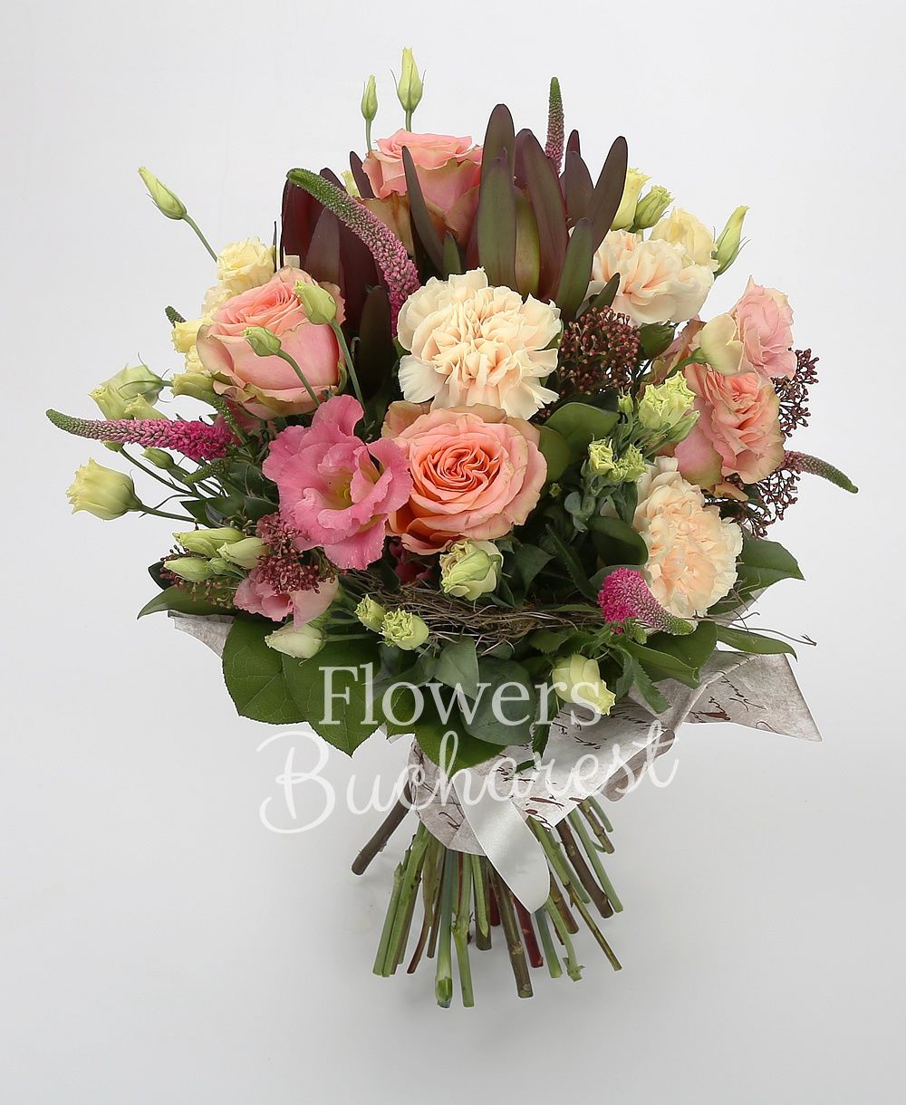 5 orange roses, 3 pink lisianthus, 5 cream carnations, 5 red veronica, 3 leucadendron, 3 schimia, greenery