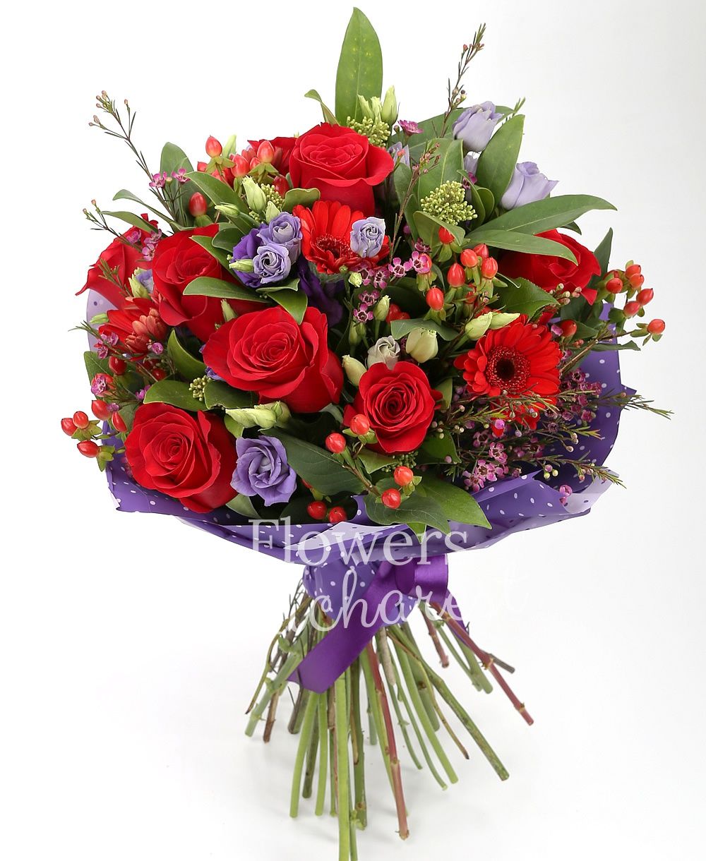 9 red roses, 9 red gerbera, 7 mauve lisianthus, 10 red hypericum, 5 waxflower, 5 schimia, greenery